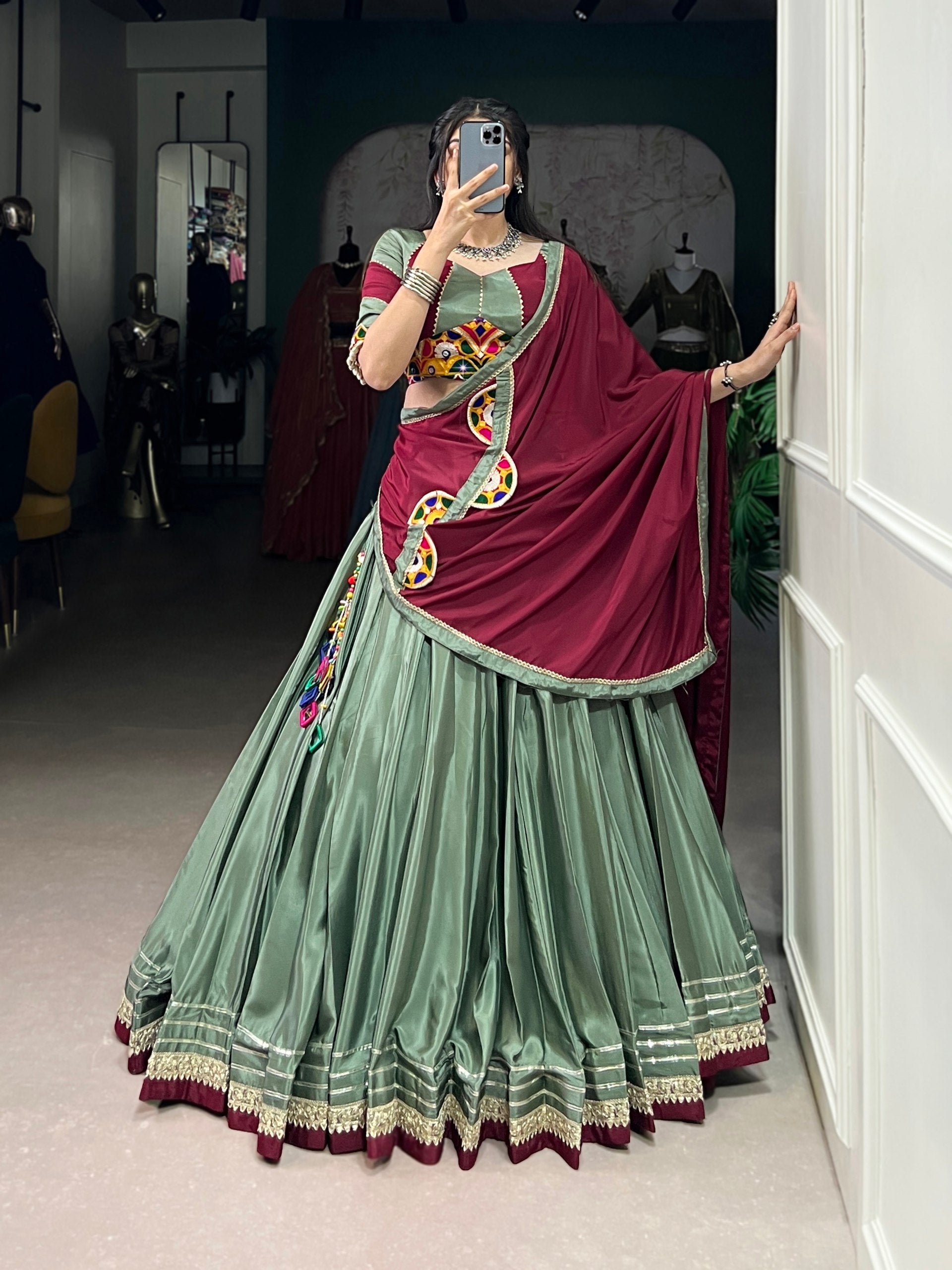 Breathtaking Silk Crepe Sequins Thread Worked Navratri Lehenga Choli - ETHNICDEAL
