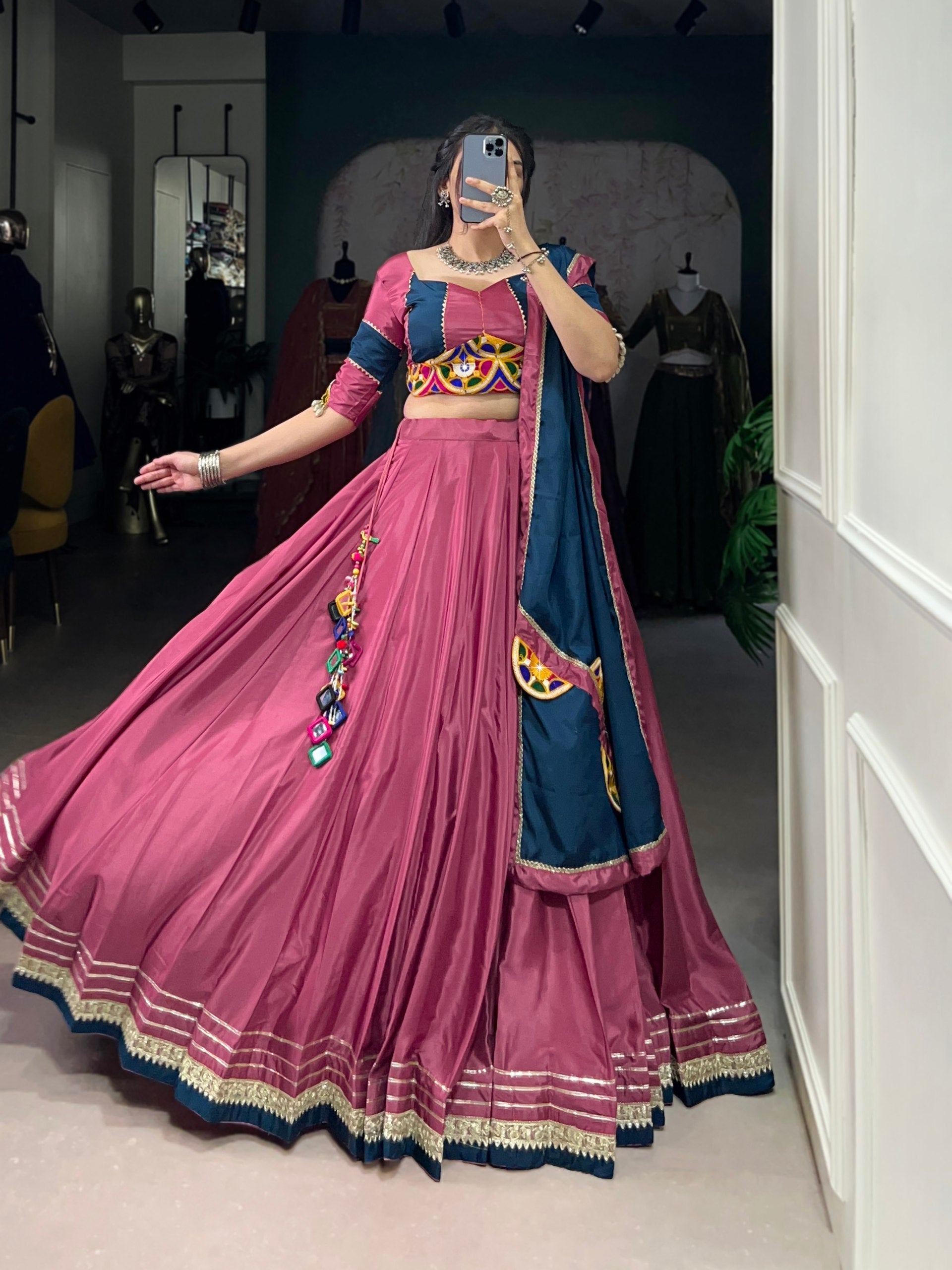Breathtaking Silk Crepe Sequins Thread Worked Navratri Lehenga Choli - ETHNICDEAL