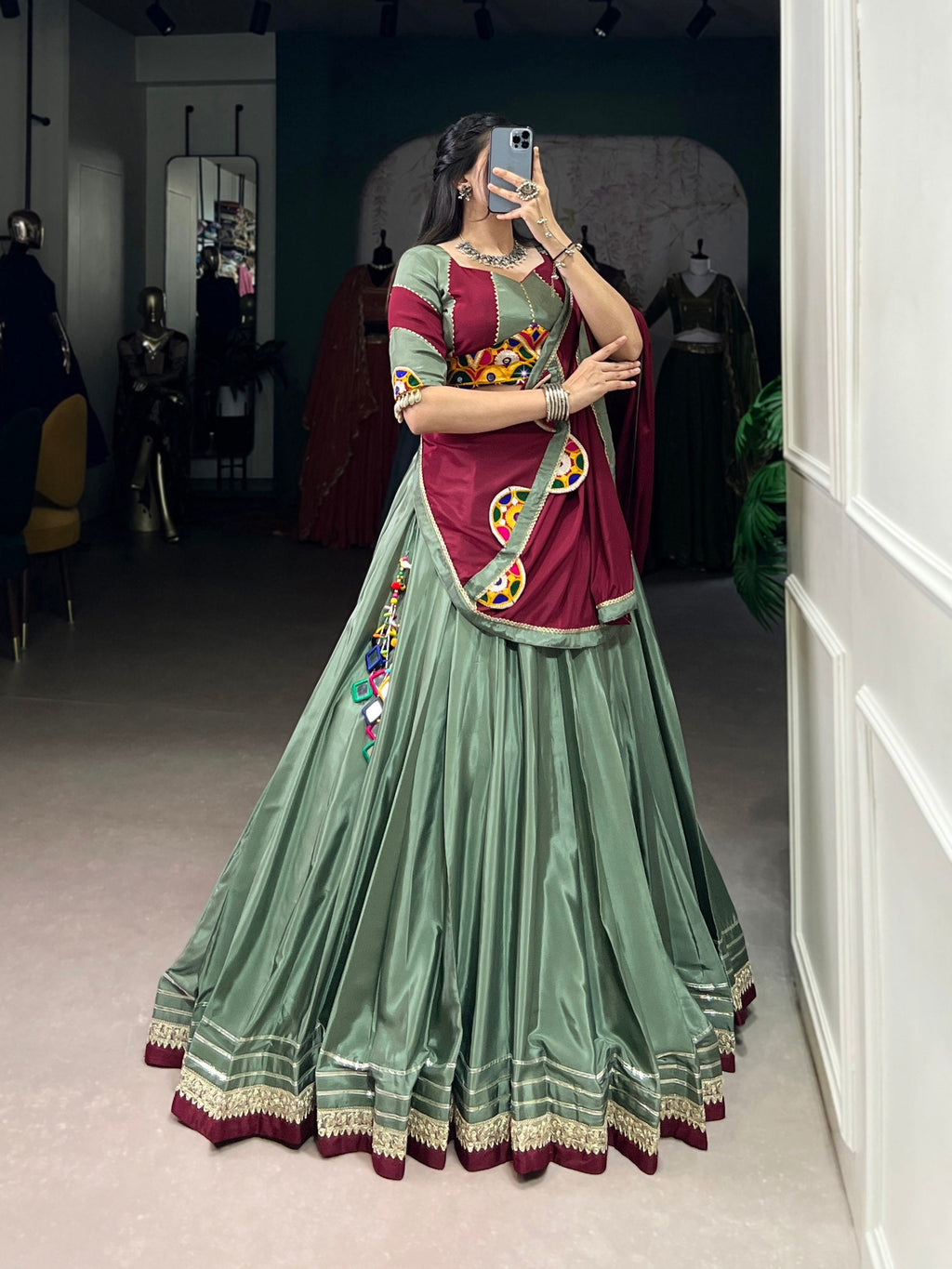 Breathtaking Silk Crepe Sequins Thread Worked Navratri Lehenga Choli - ETHNICDEAL