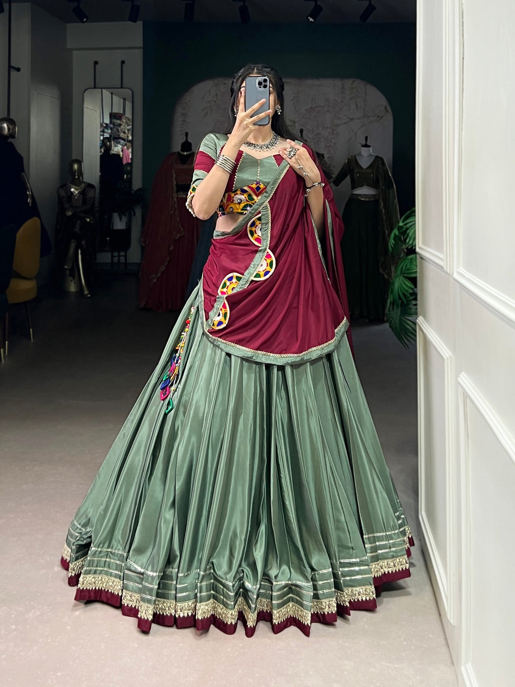 Breathtaking Silk Crepe Sequins Thread Worked Navratri Lehenga Choli - ETHNICDEAL