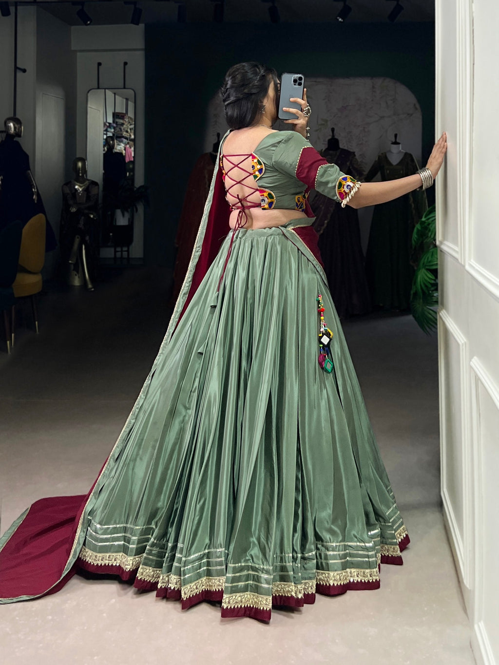 Breathtaking Silk Crepe Sequins Thread Worked Navratri Lehenga Choli - ETHNICDEAL