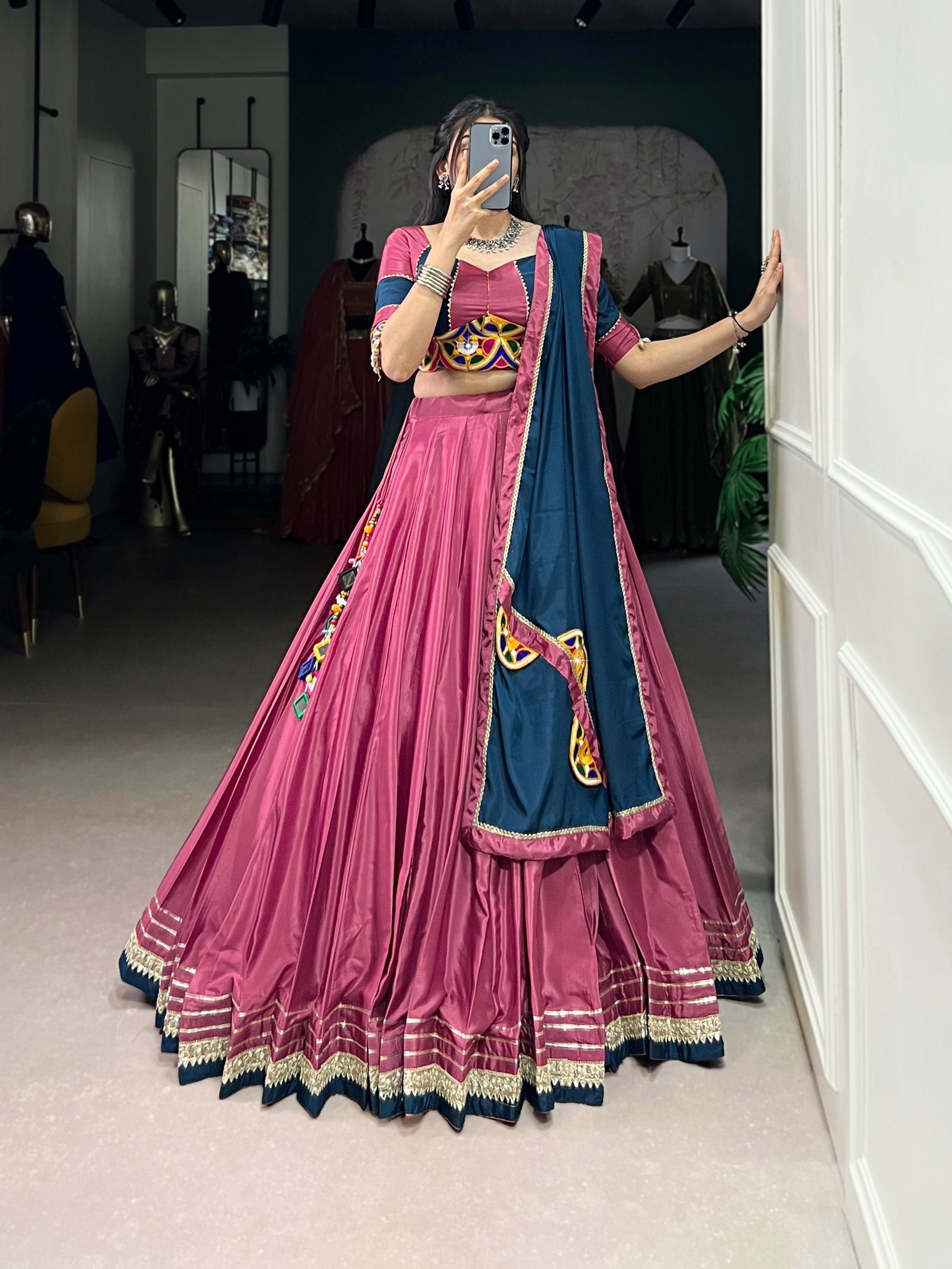 Breathtaking Silk Crepe Sequins Thread Worked Navratri Lehenga Choli - ETHNICDEAL