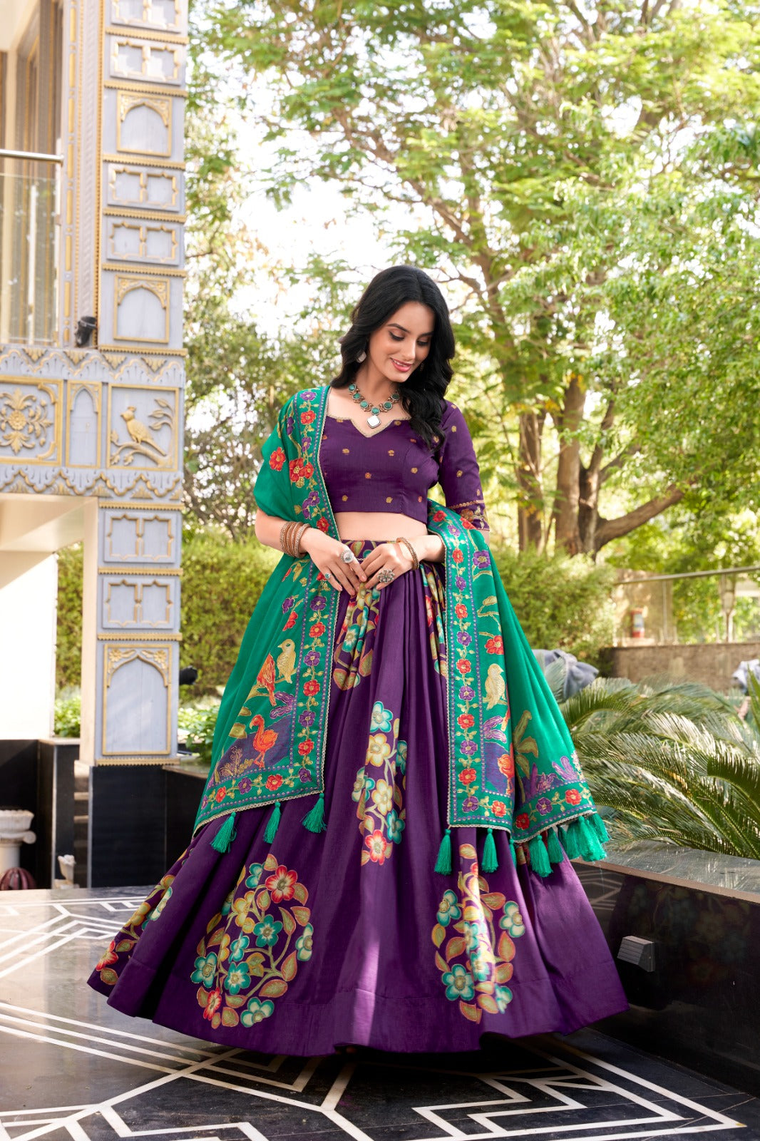 Magnificent Tussar Silk Printed Foil Worked Lehenga Choli - ETHNICDEAL