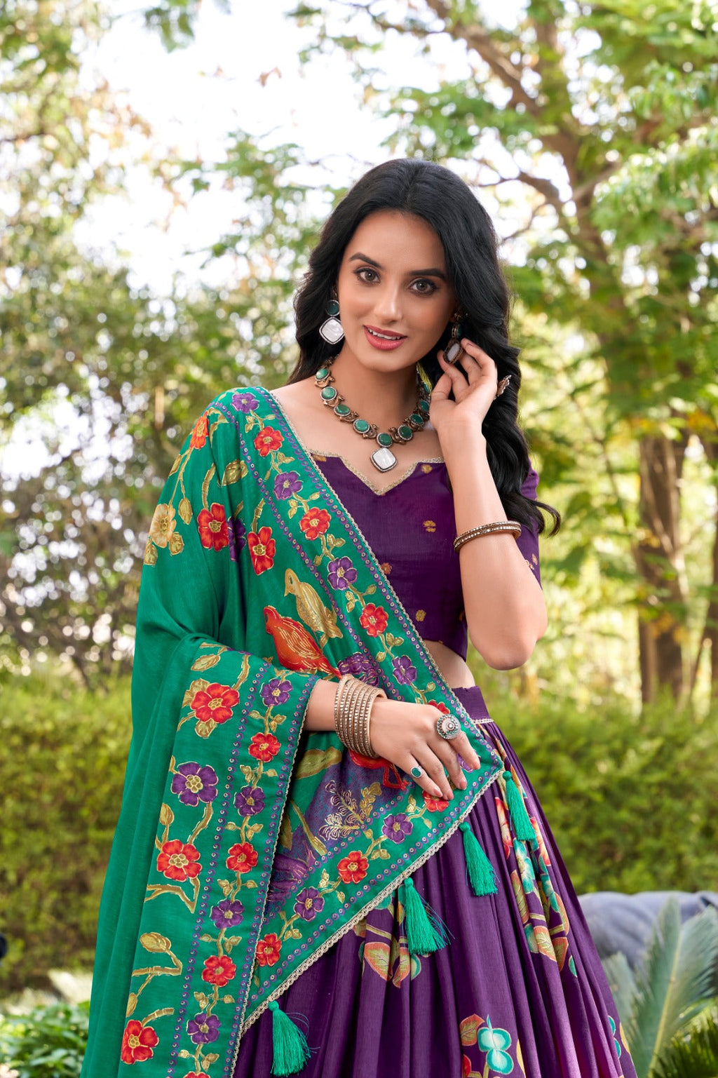 Magnificent Tussar Silk Printed Foil Worked Lehenga Choli - ETHNICDEAL