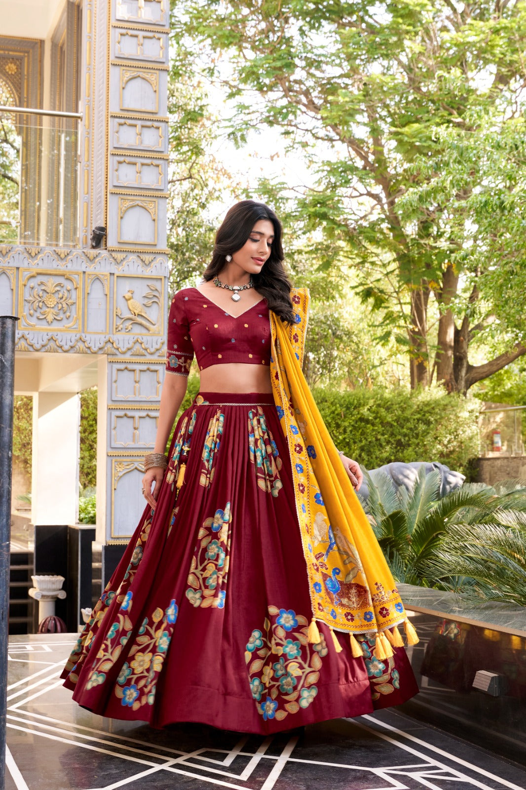 Magnificent Tussar Silk Printed Foil Worked Lehenga Choli - ETHNICDEAL