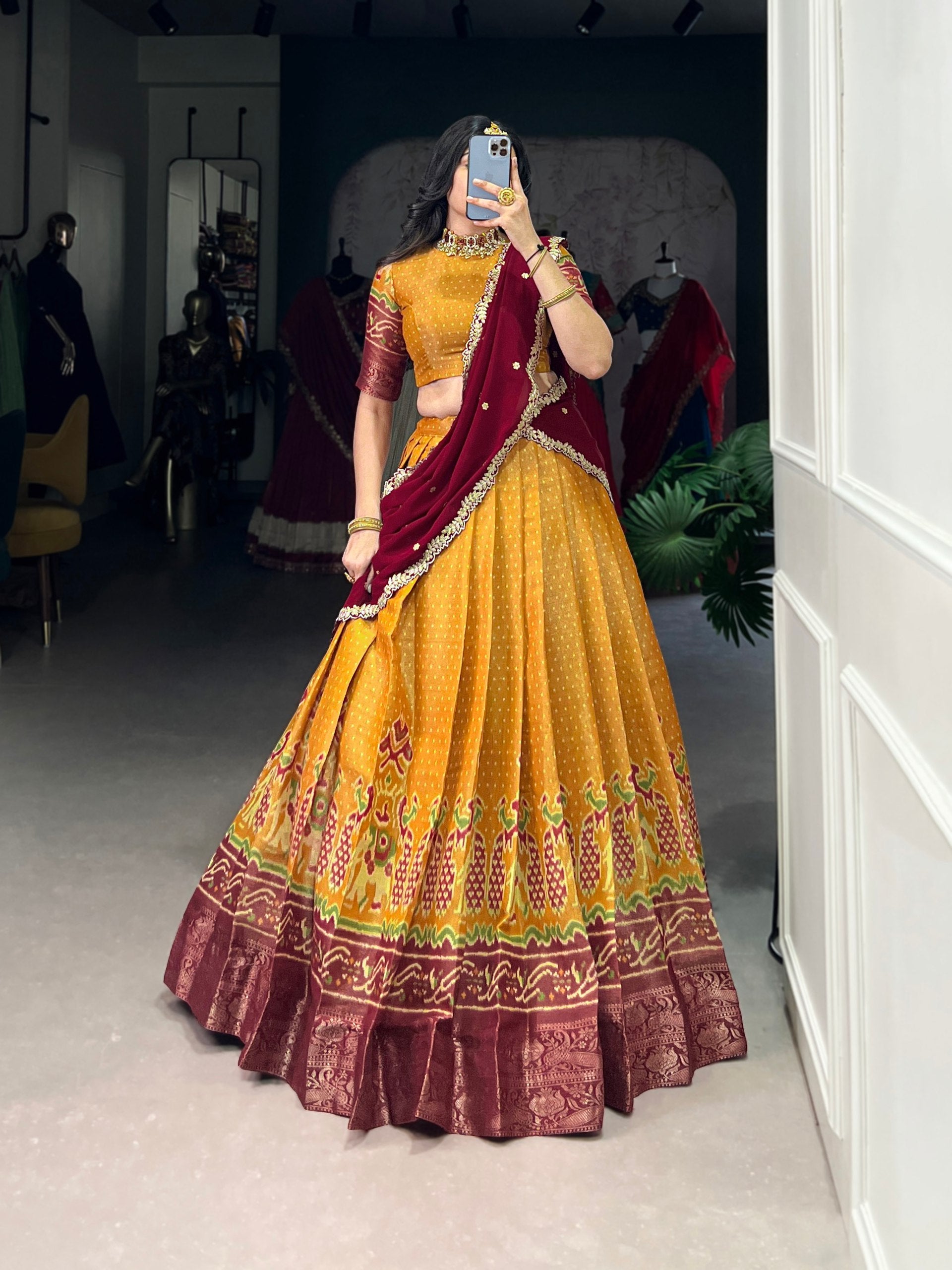 Ravishing Kanchipuram Silk Printed Weaving Worked Lehenga Choli - ETHNICDEAL