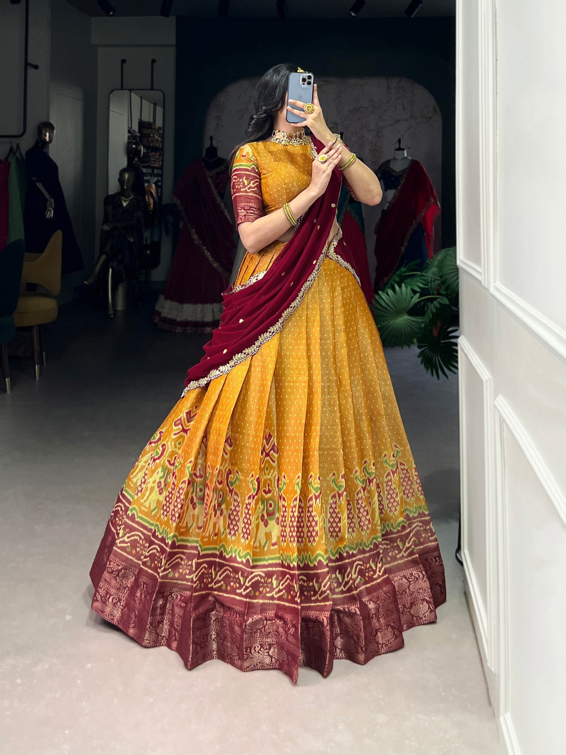 Ravishing Kanchipuram Silk Printed Weaving Worked Lehenga Choli - ETHNICDEAL