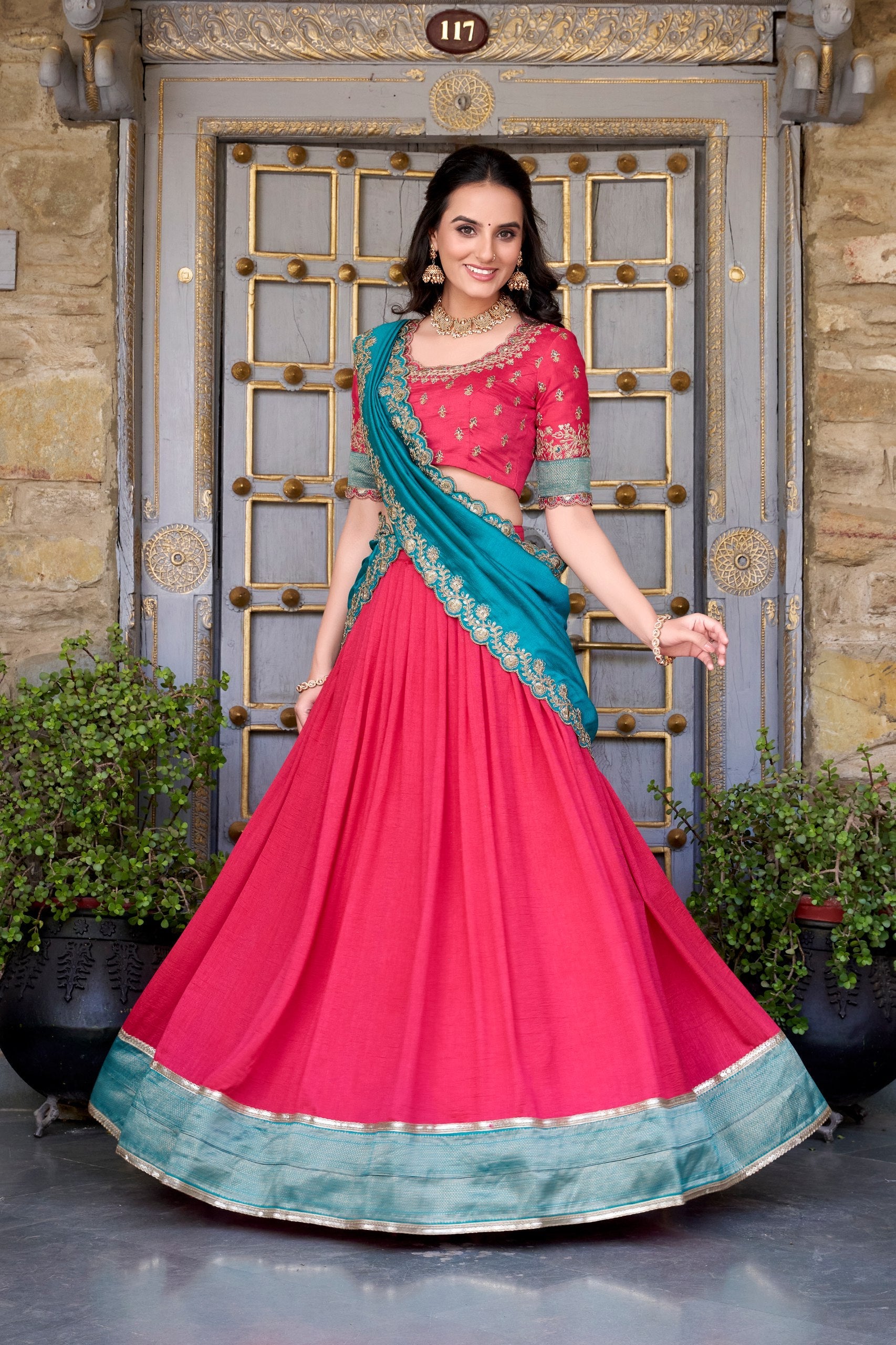 Exquisite Vichitra Silk Zari Weaving Lace Border Worked Lehenga Choli - ETHNICDEAL