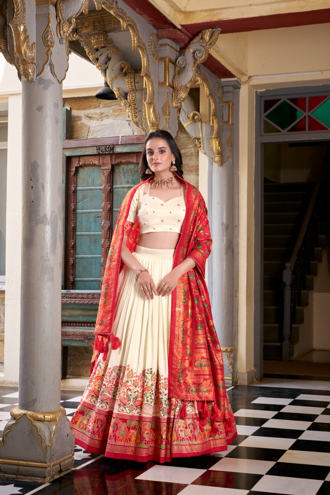 Stunning Tussar Silk Printed Foil Worked Lehenga Choli Set - ETHNICDEAL