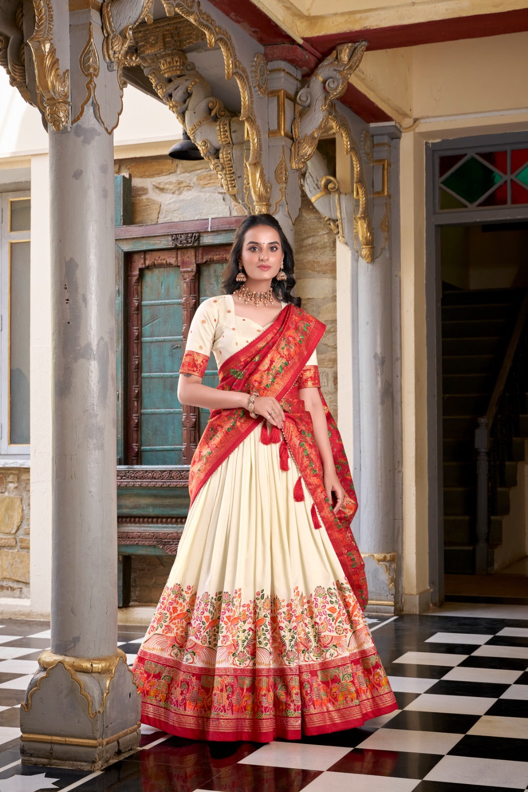 Stunning Tussar Silk Printed Foil Worked Lehenga Choli Set - ETHNICDEAL