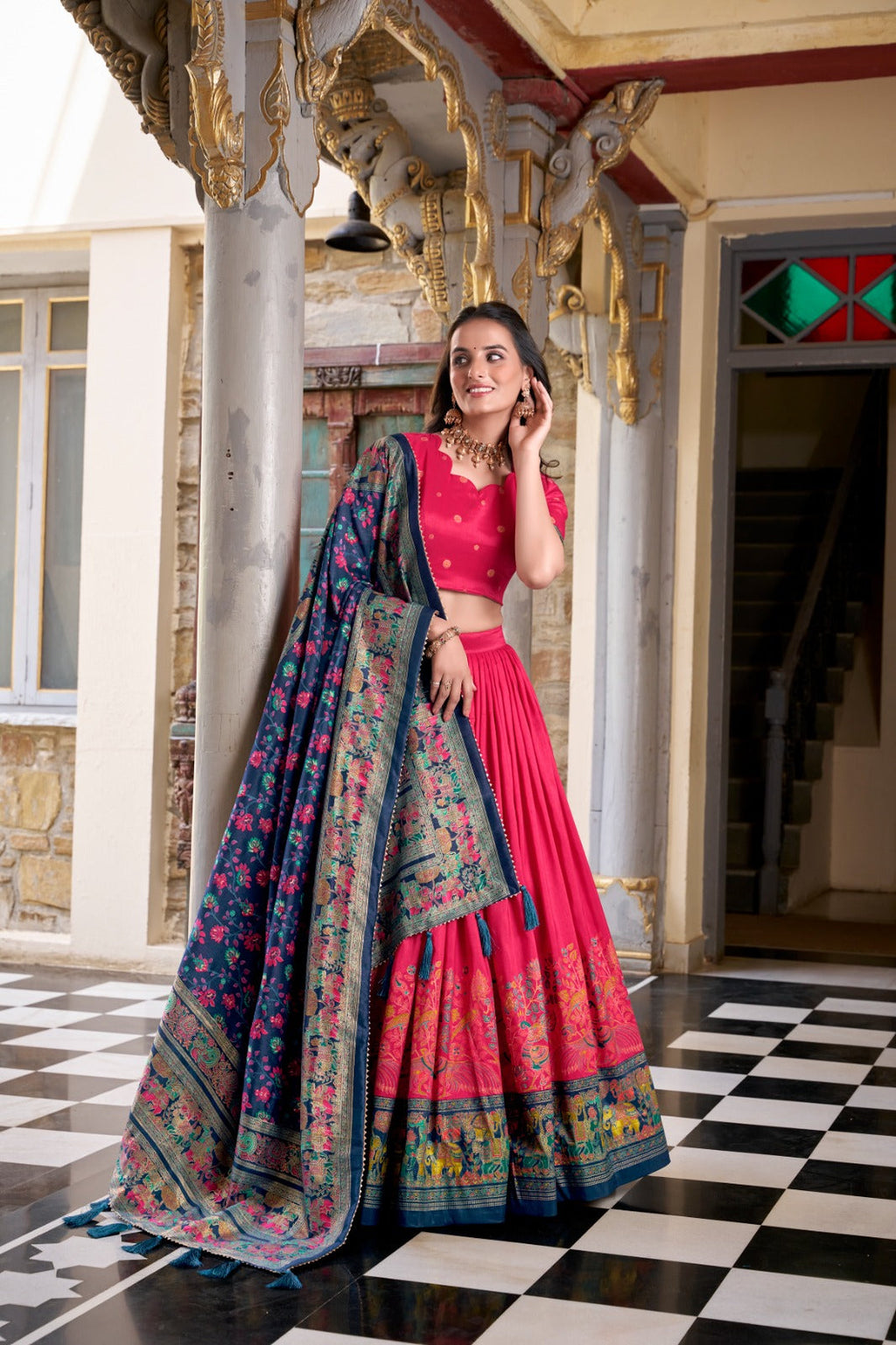 Stunning Tussar Silk Printed Foil Worked Lehenga Choli Set - ETHNICDEAL