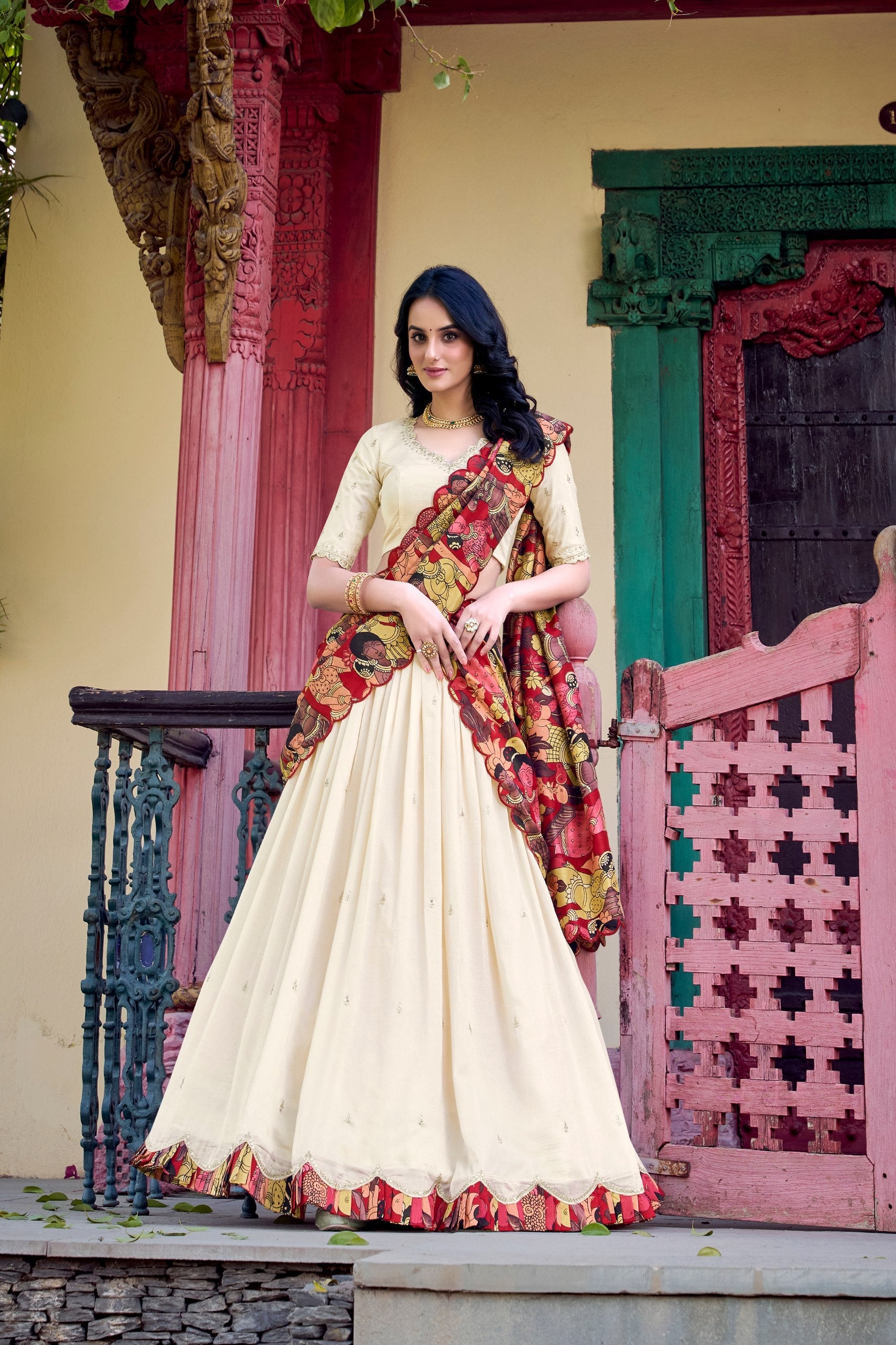 Amazing Vichitra Silk Sequins Thead Worked Lehenga Choli - ETHNICDEAL