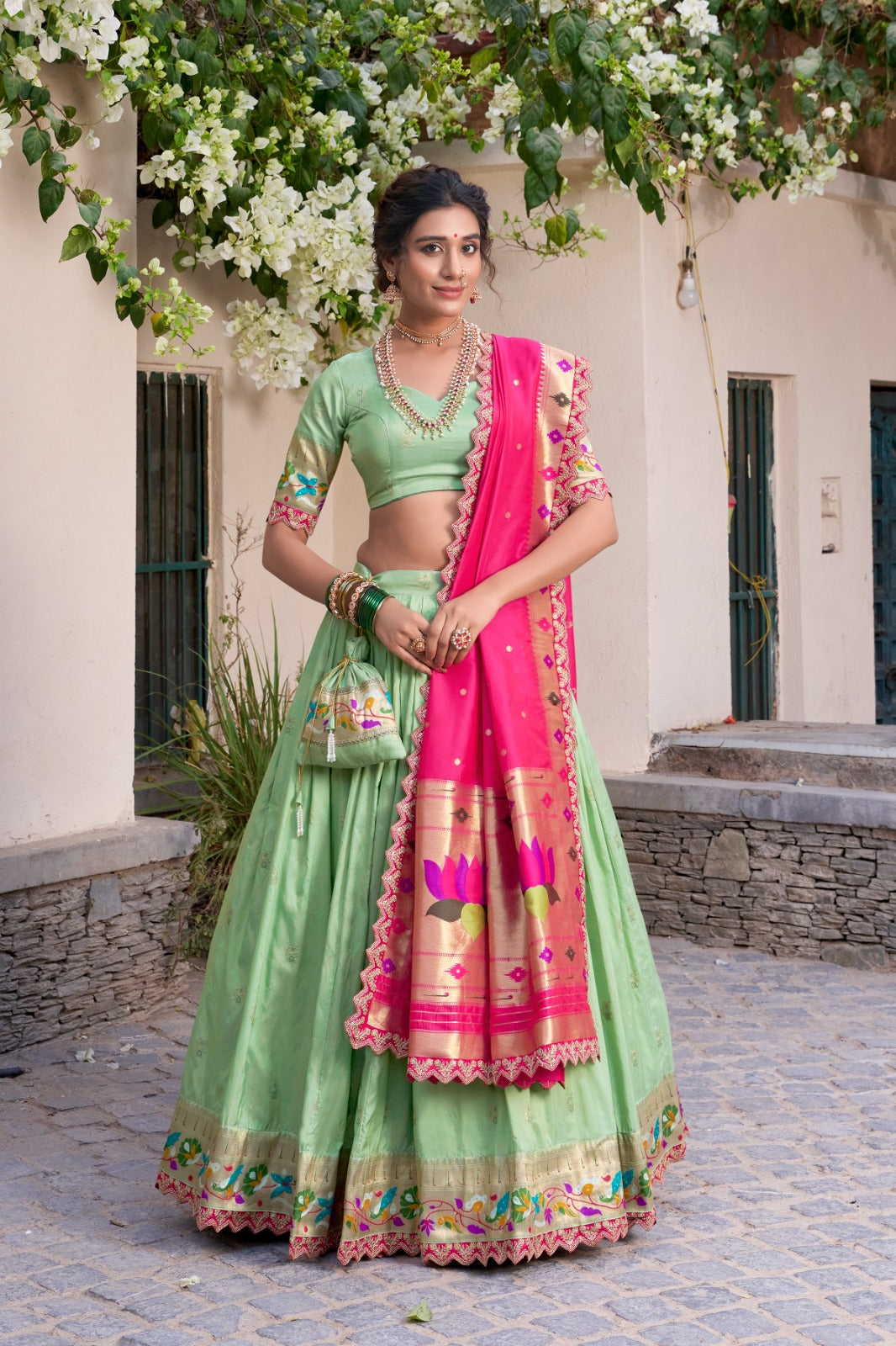 Elegant Paithani Jacquard Silk Zari Weaving Sequins Thread Worked Lehenga Choli - ETHNICDEAL