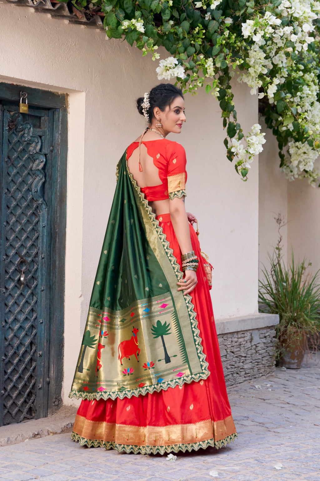 Elegant Paithani Jacquard Silk Zari Weaving Sequins Thread Worked Lehenga Choli - ETHNICDEAL