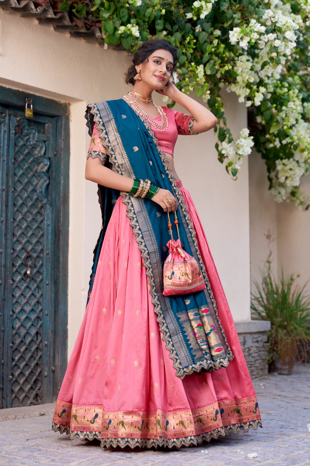 Elegant Paithani Jacquard Silk Zari Weaving Sequins Thread Worked Lehenga Choli - ETHNICDEAL