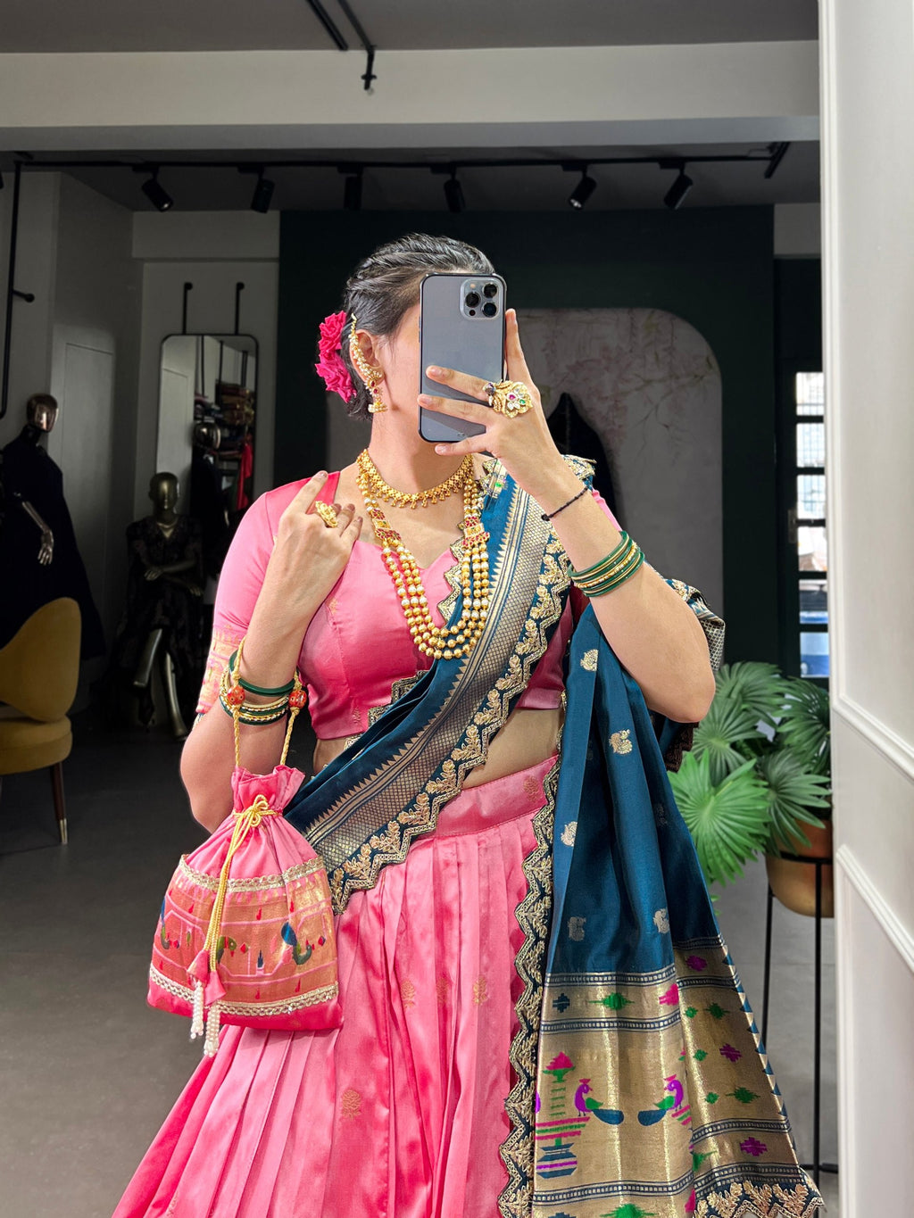 Elegant Paithani Jacquard Silk Zari Weaving Sequins Thread Worked Lehenga Choli - ETHNICDEAL