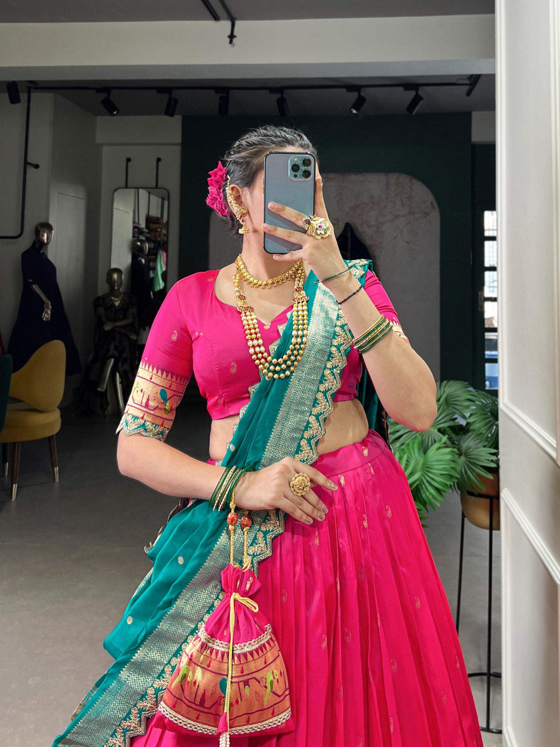 Elegant Paithani Jacquard Silk Zari Weaving Sequins Thread Worked Lehenga Choli - ETHNICDEAL