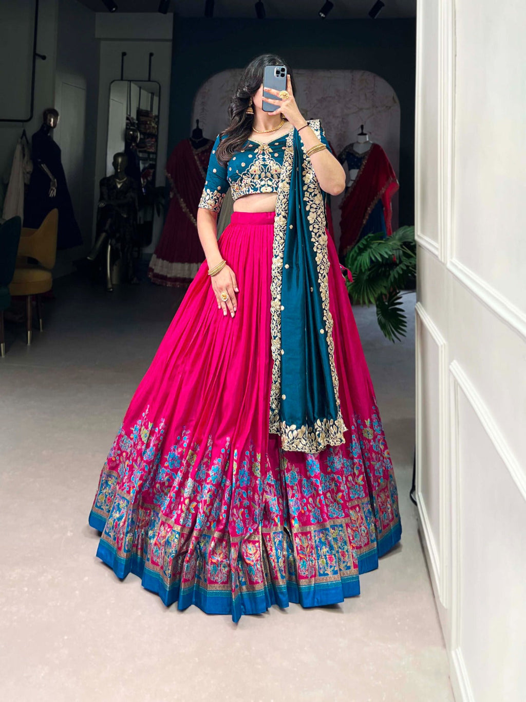 Exquisite Tussar Silk Printed Foil Worked Lehenga Choli - ETHNICDEAL