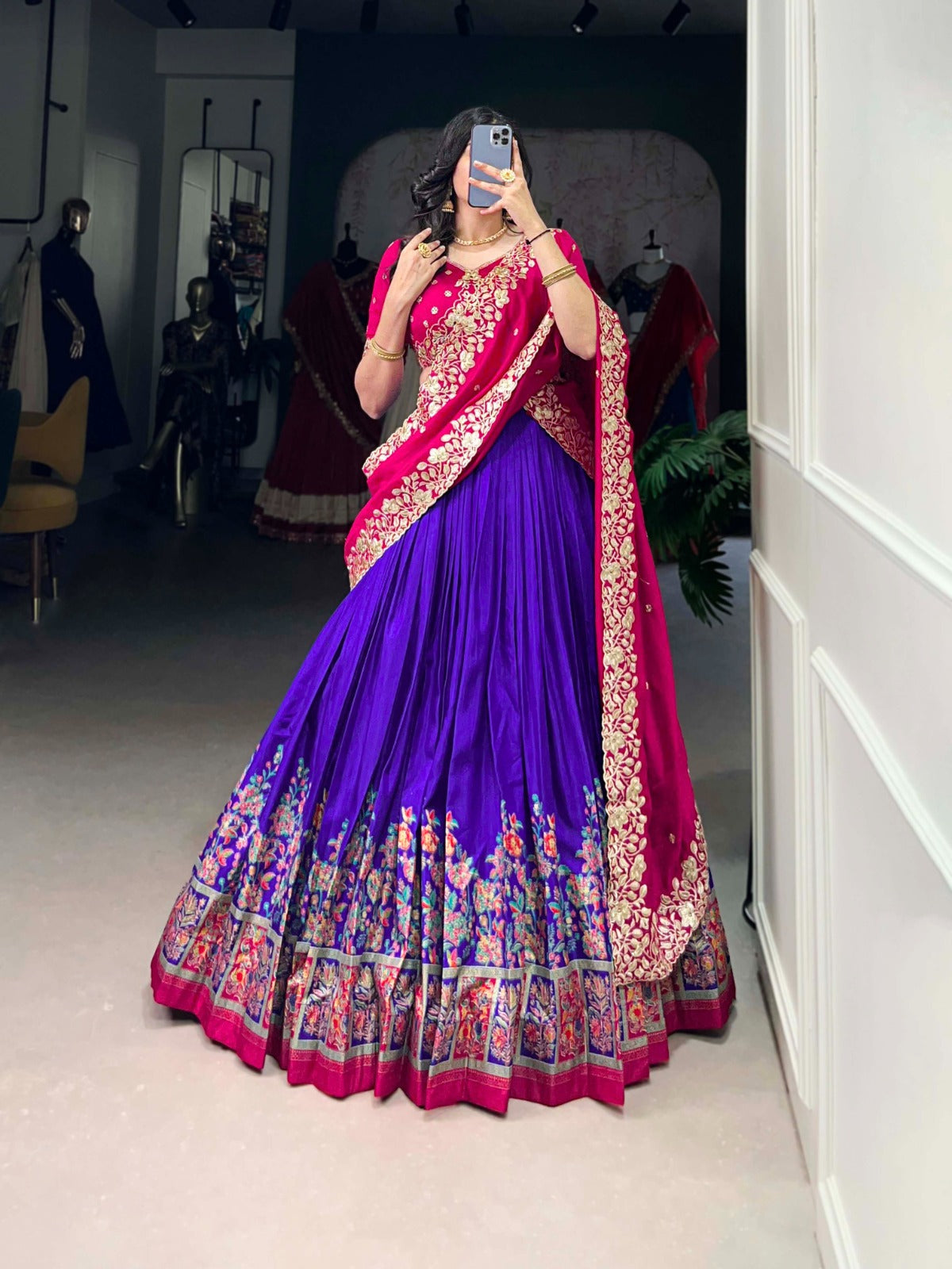 Exquisite Tussar Silk Printed Foil Worked Lehenga Choli - ETHNICDEAL