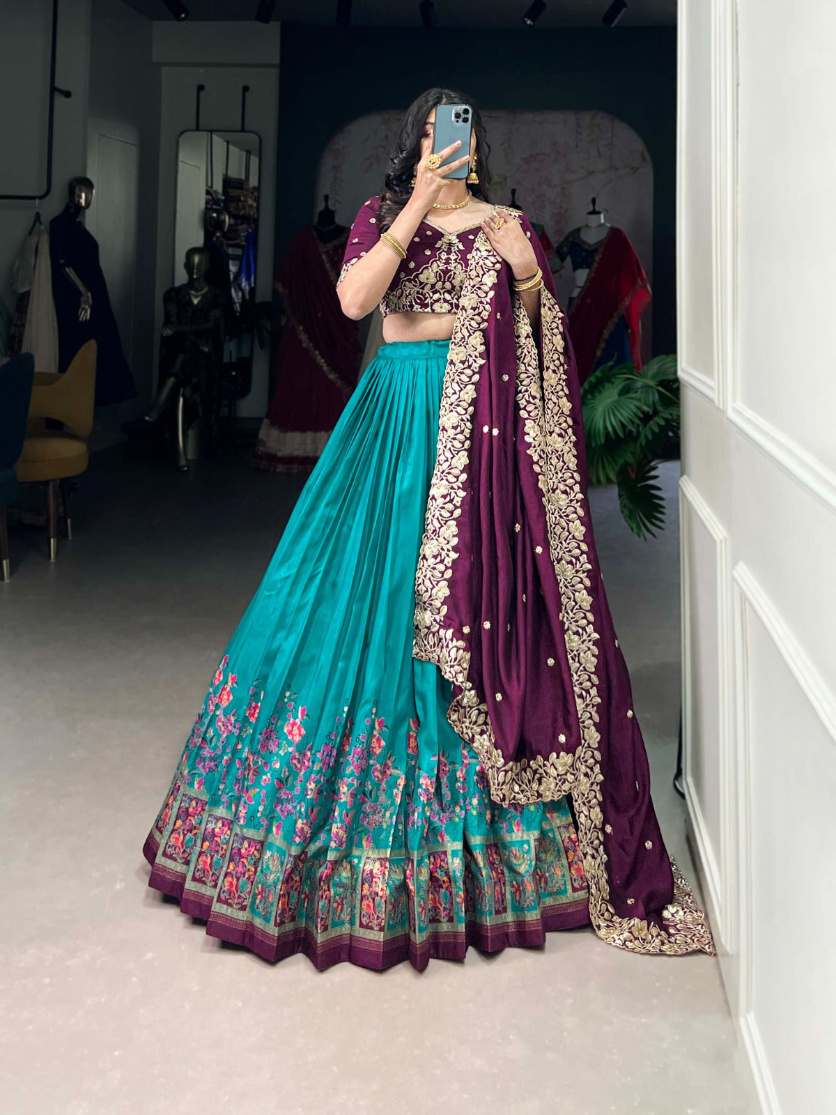 Exquisite Tussar Silk Printed Foil Worked Lehenga Choli - ETHNICDEAL