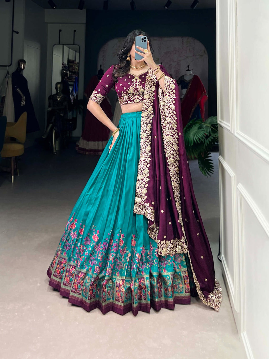 Exquisite Tussar Silk Printed Foil Worked Lehenga Choli - ETHNICDEAL