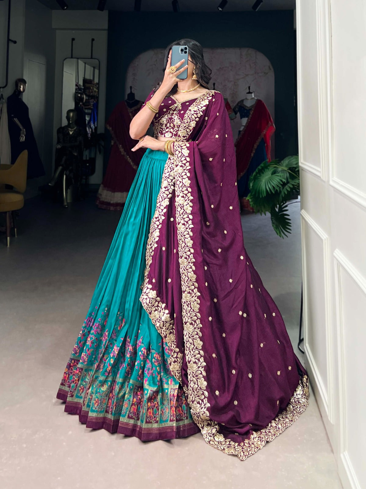Exquisite Tussar Silk Printed Foil Worked Lehenga Choli - ETHNICDEAL
