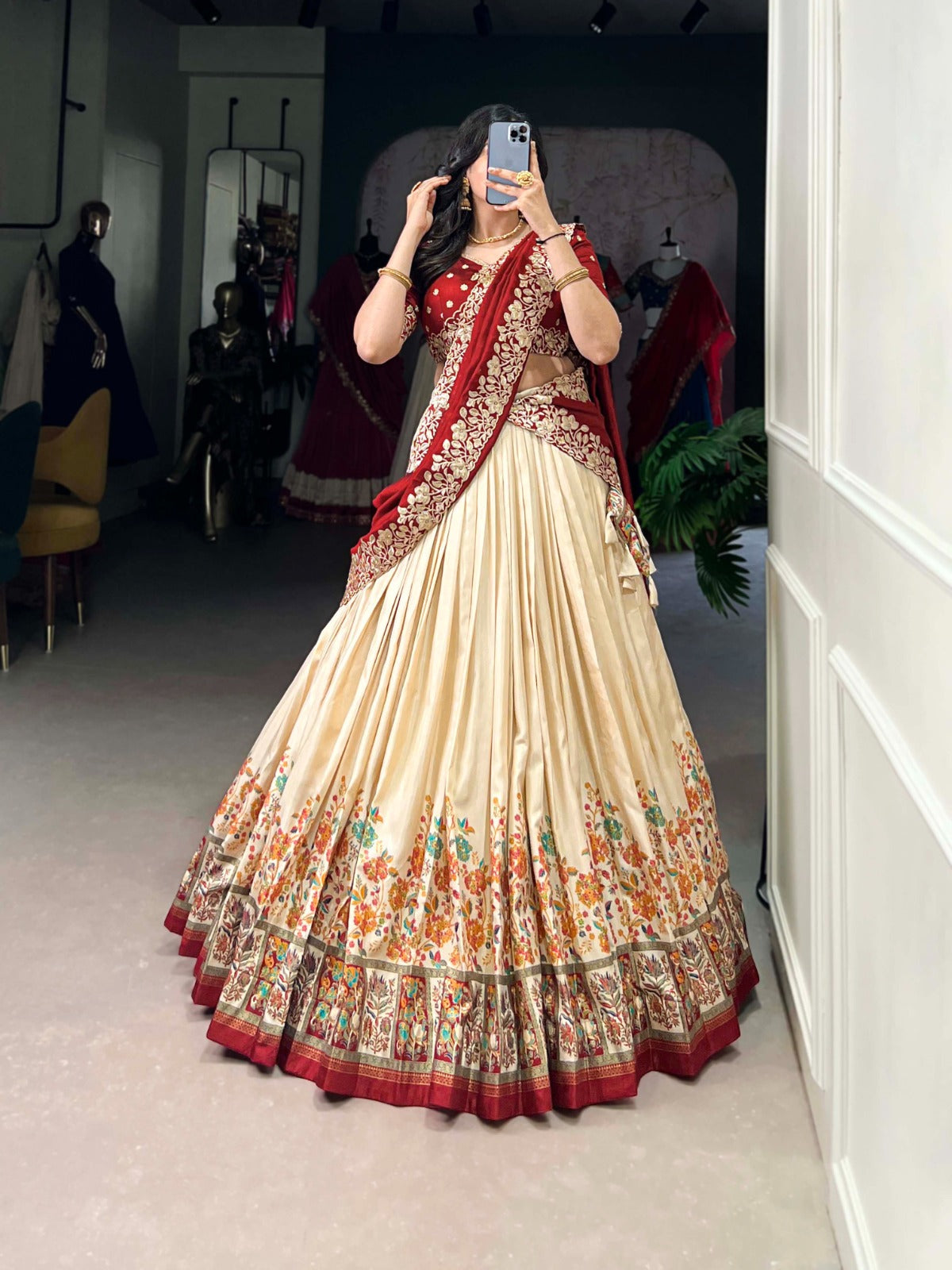 Exquisite Tussar Silk Printed Foil Worked Lehenga Choli - ETHNICDEAL