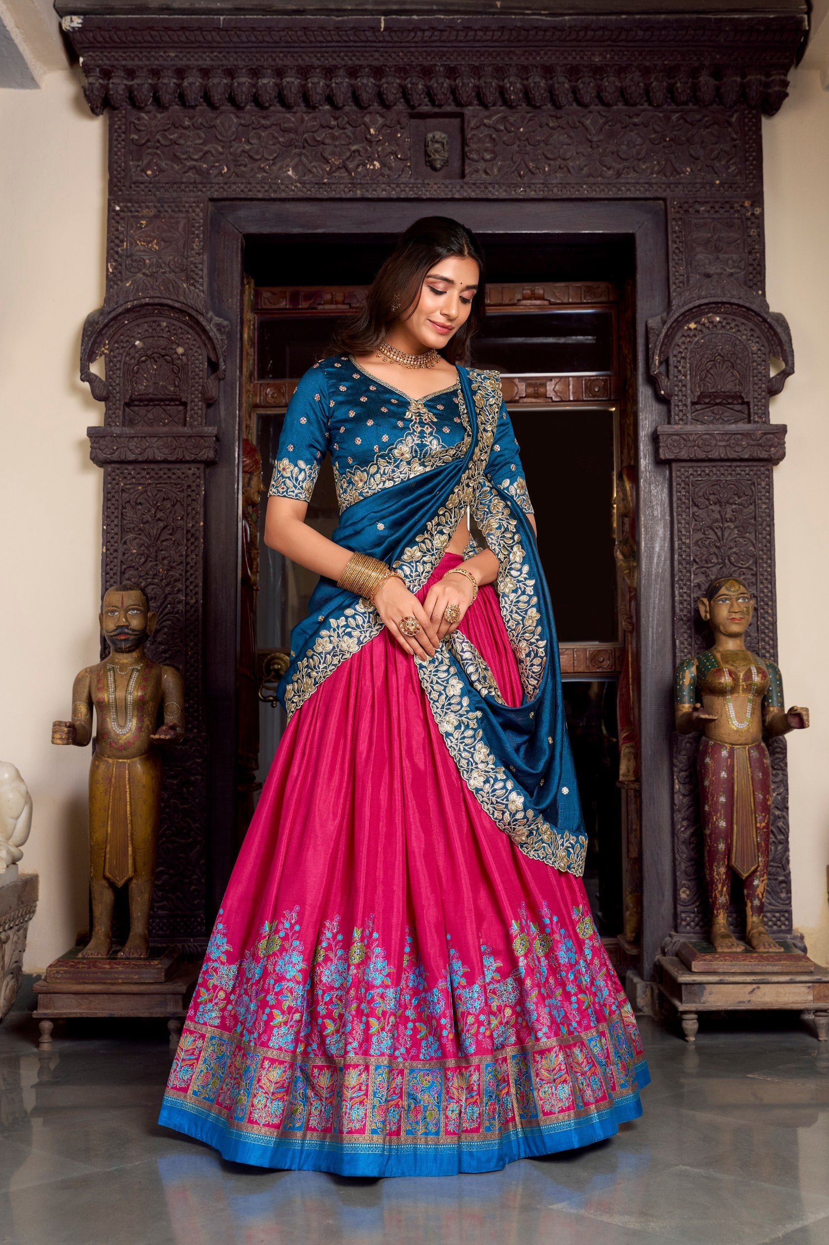 Exquisite Tussar Silk Printed Foil Worked Lehenga Choli Set - ETHNICDEAL