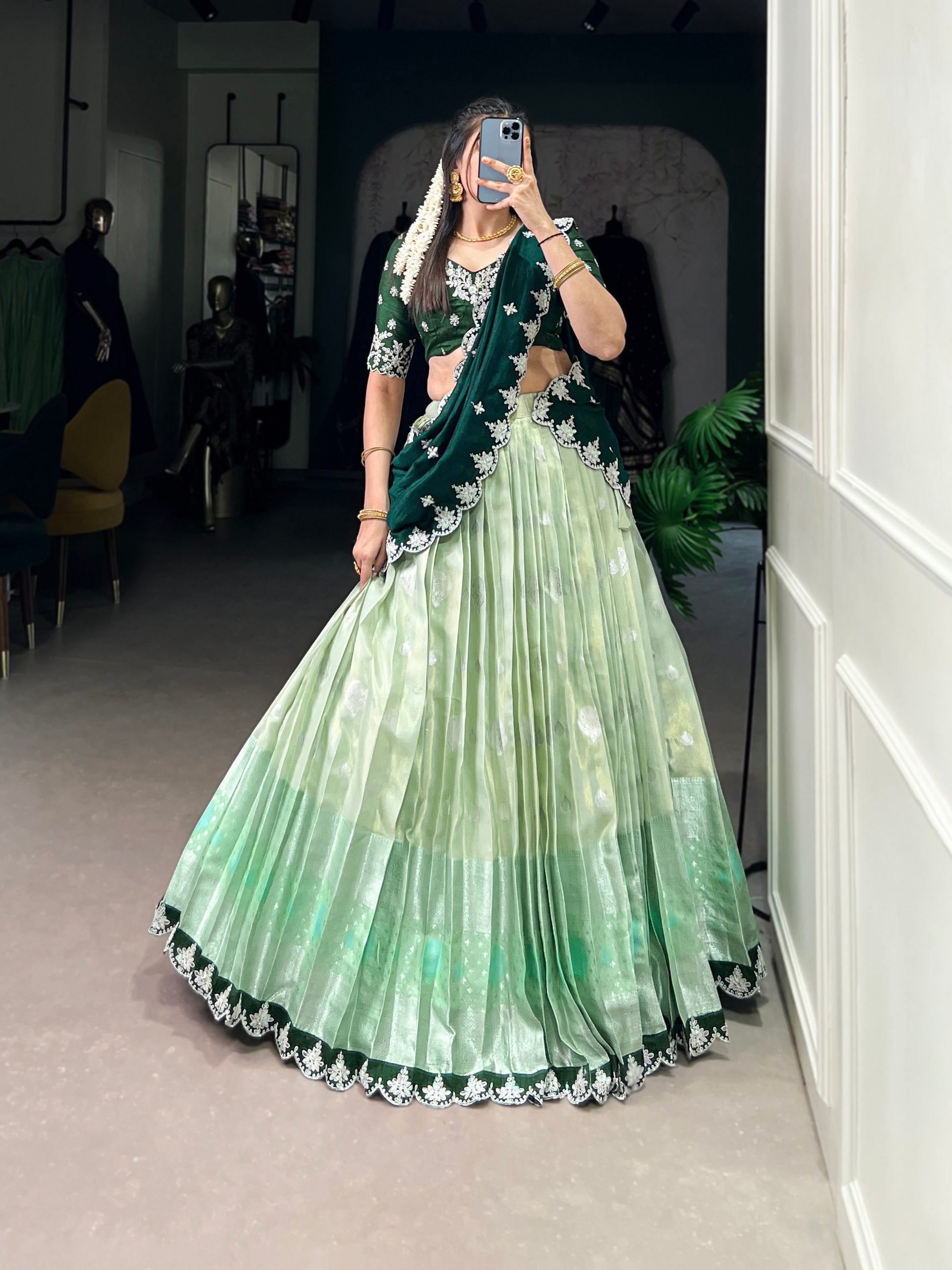 Lovely Zari Cota Weaving Sequins Thread Worked Lehenga Choli - ETHNICDEAL