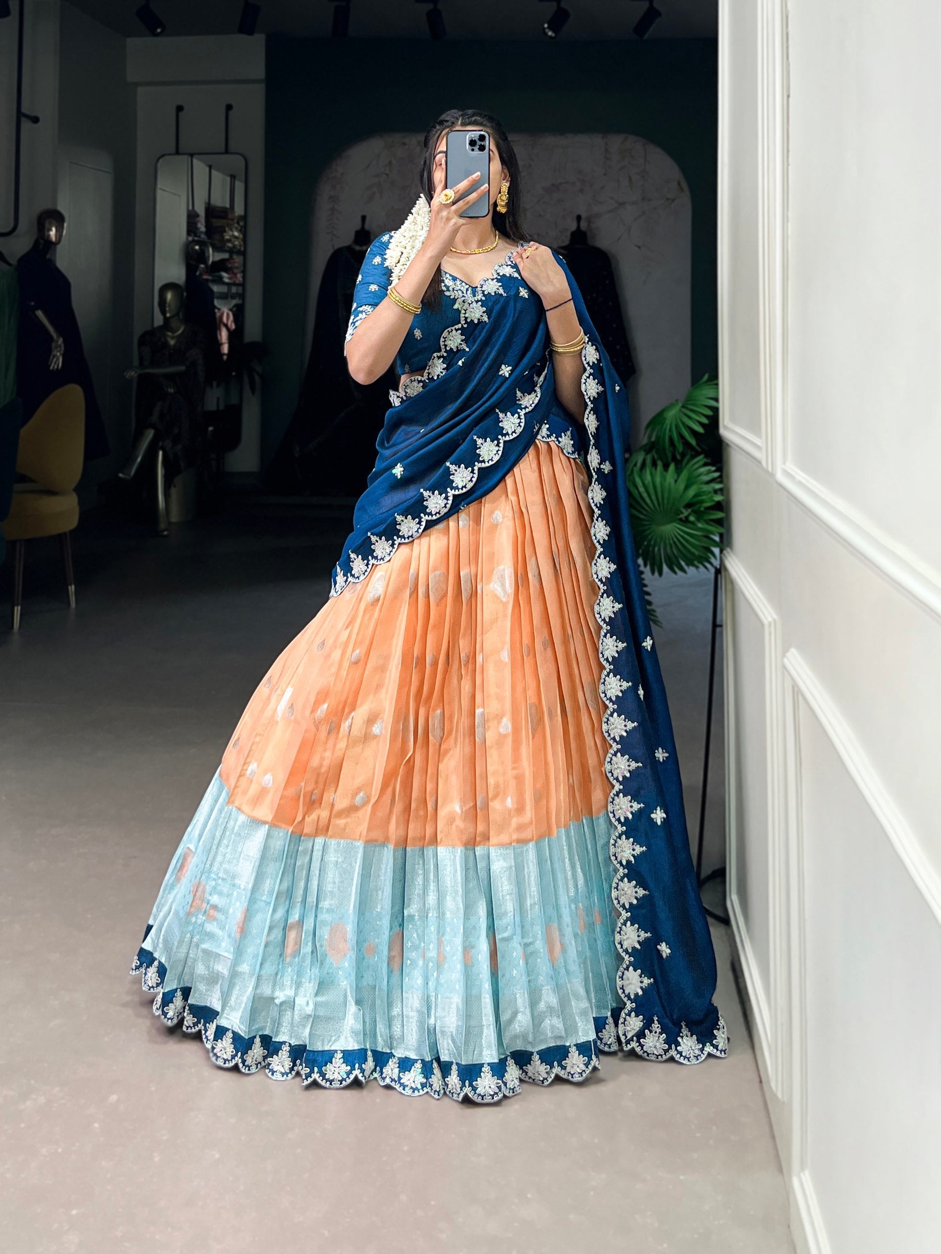 Lovely Zari Cota Weaving Sequins Thread Worked Lehenga Choli - ETHNICDEAL