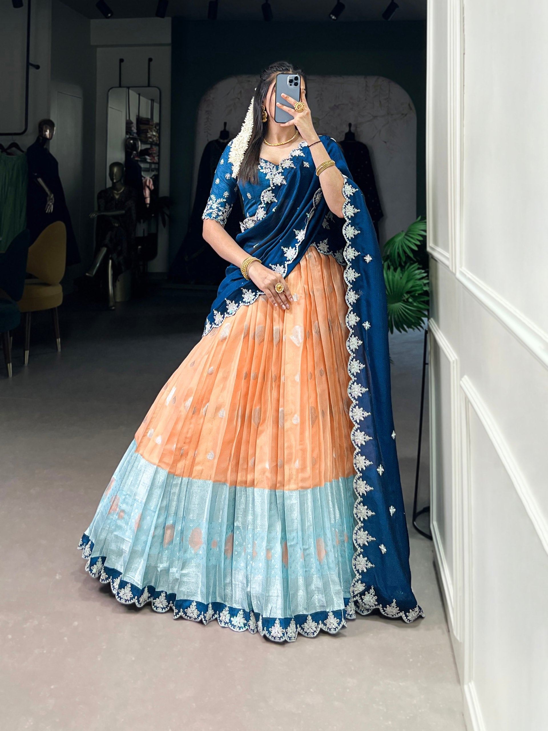 Lovely Zari Cota Weaving Sequins Thread Worked Lehenga Choli - ETHNICDEAL