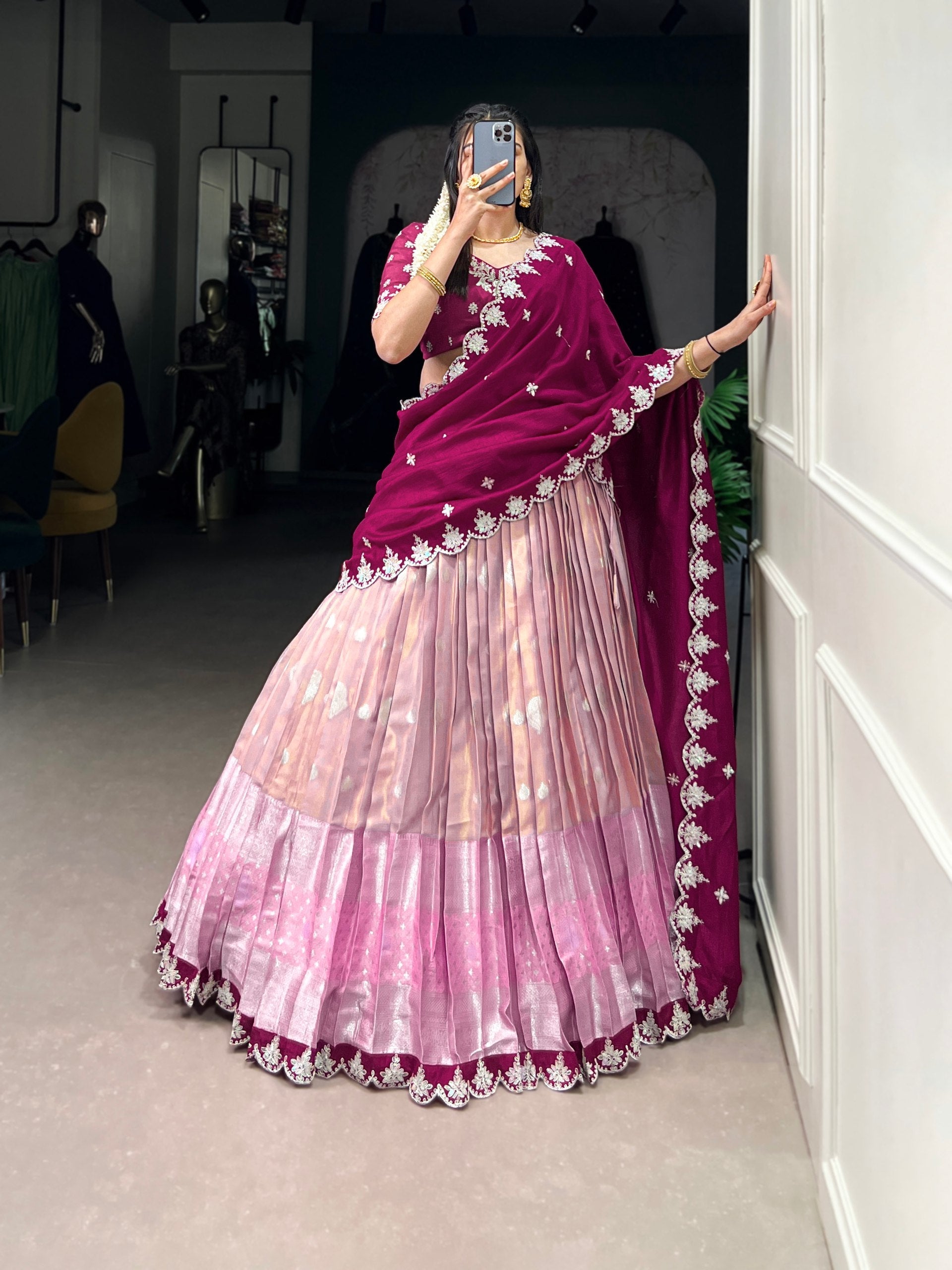 Lovely Zari Cota Weaving Sequins Thread Worked Lehenga Choli - ETHNICDEAL