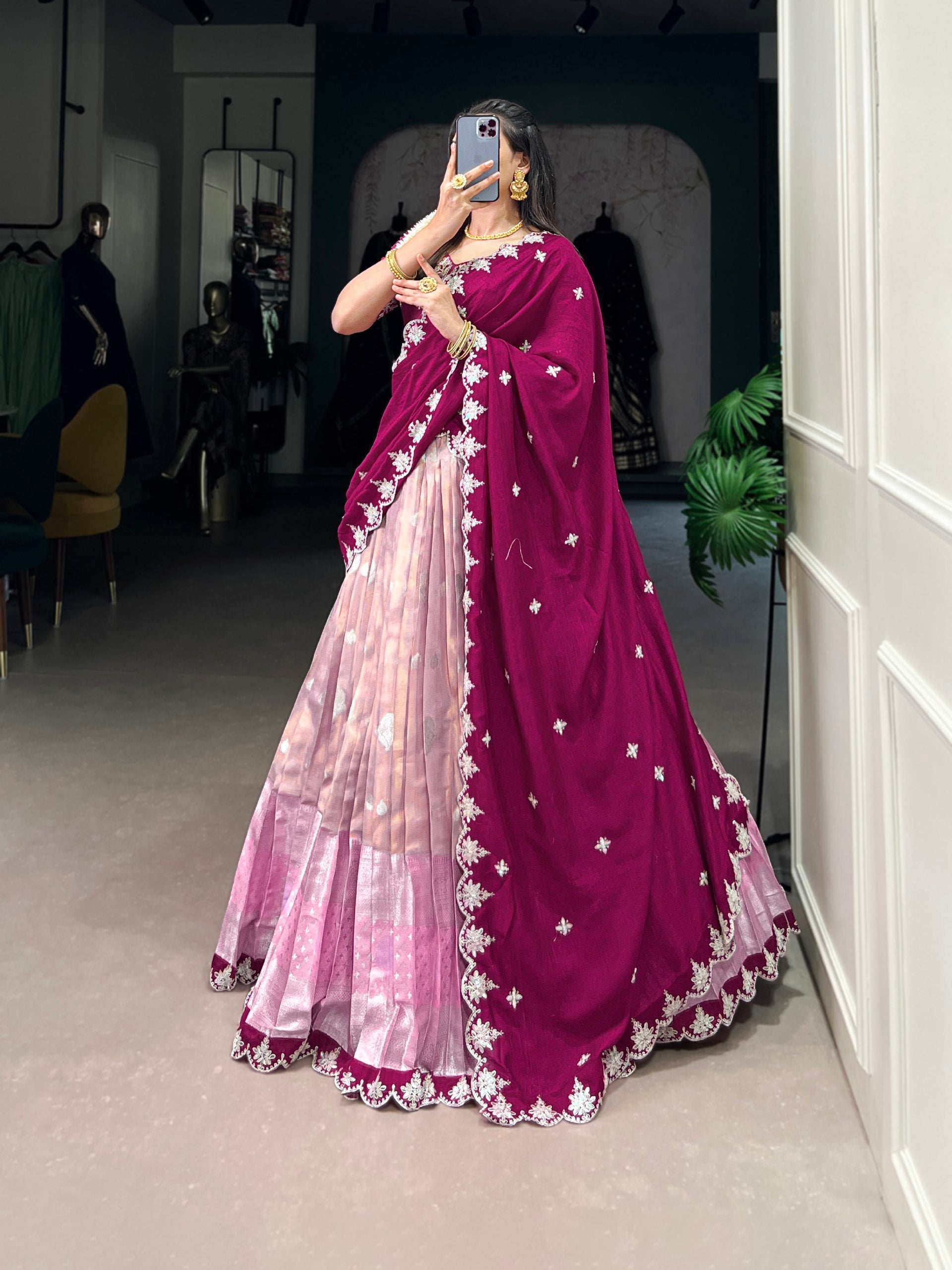Lovely Zari Cota Weaving Sequins Thread Worked Lehenga Choli - ETHNICDEAL