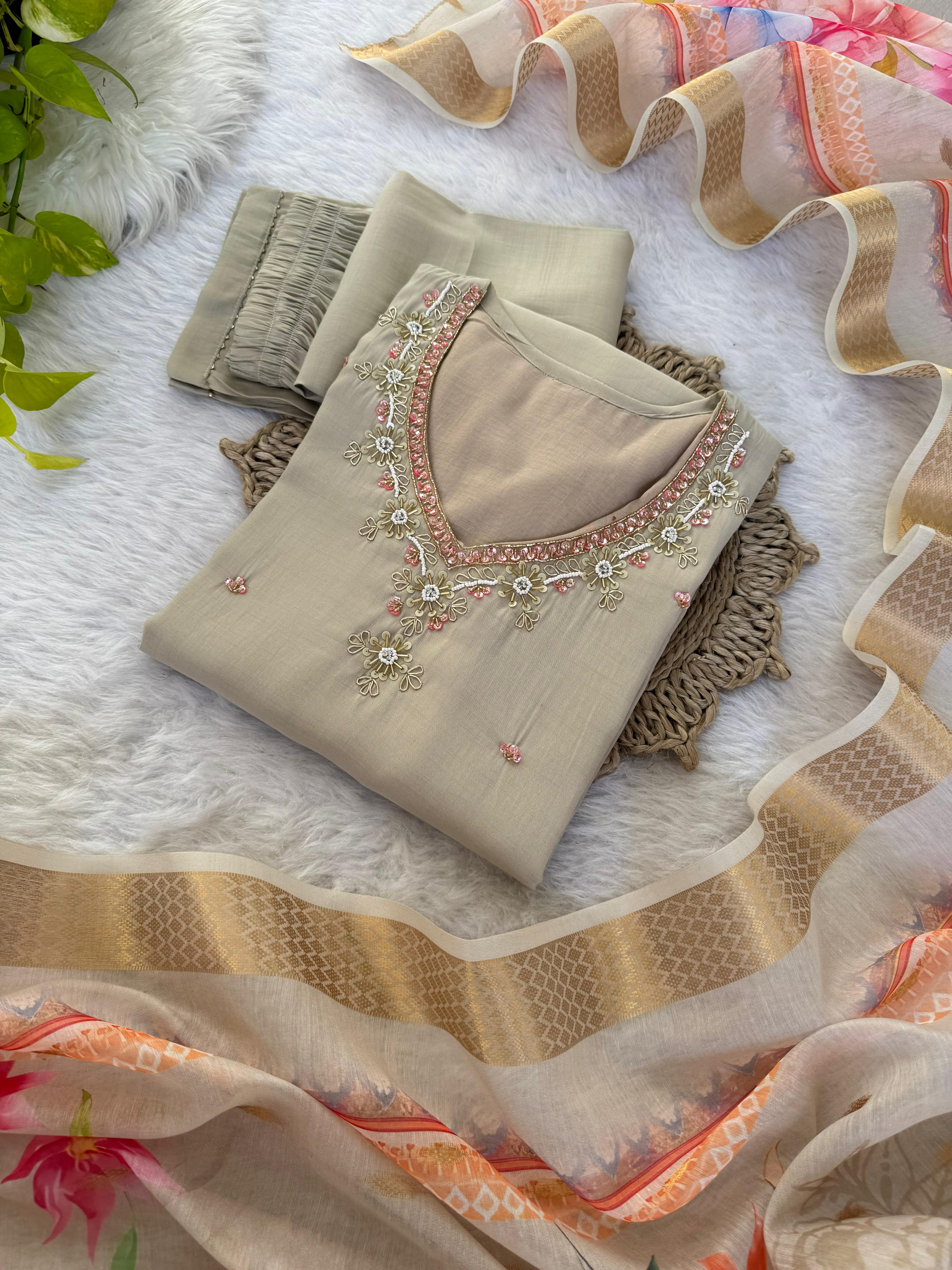 Amazing Roman Silk Hanworked Stitched Anarkali Pant Suit - Ethnicwish