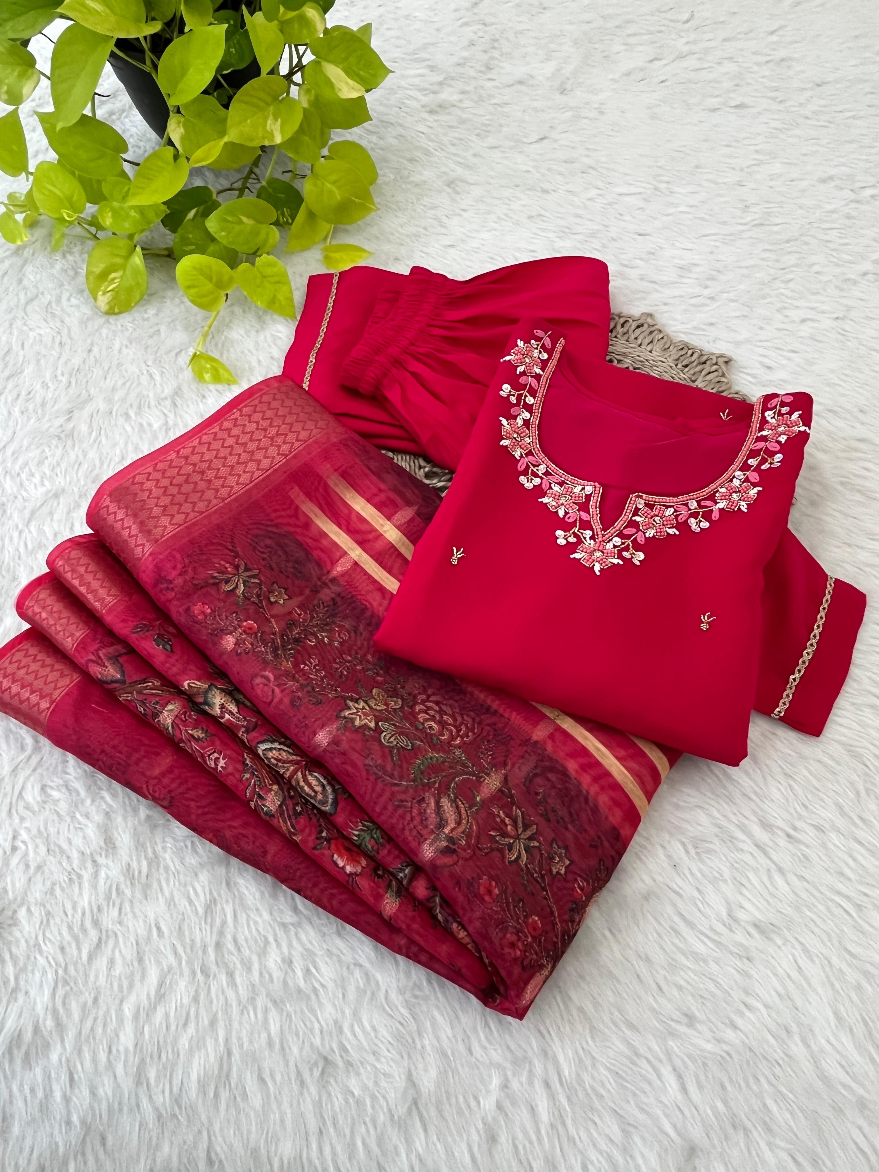 Appealing Red  Roman Silk Handworked Anarkali Pant Suit - Ethnicwish