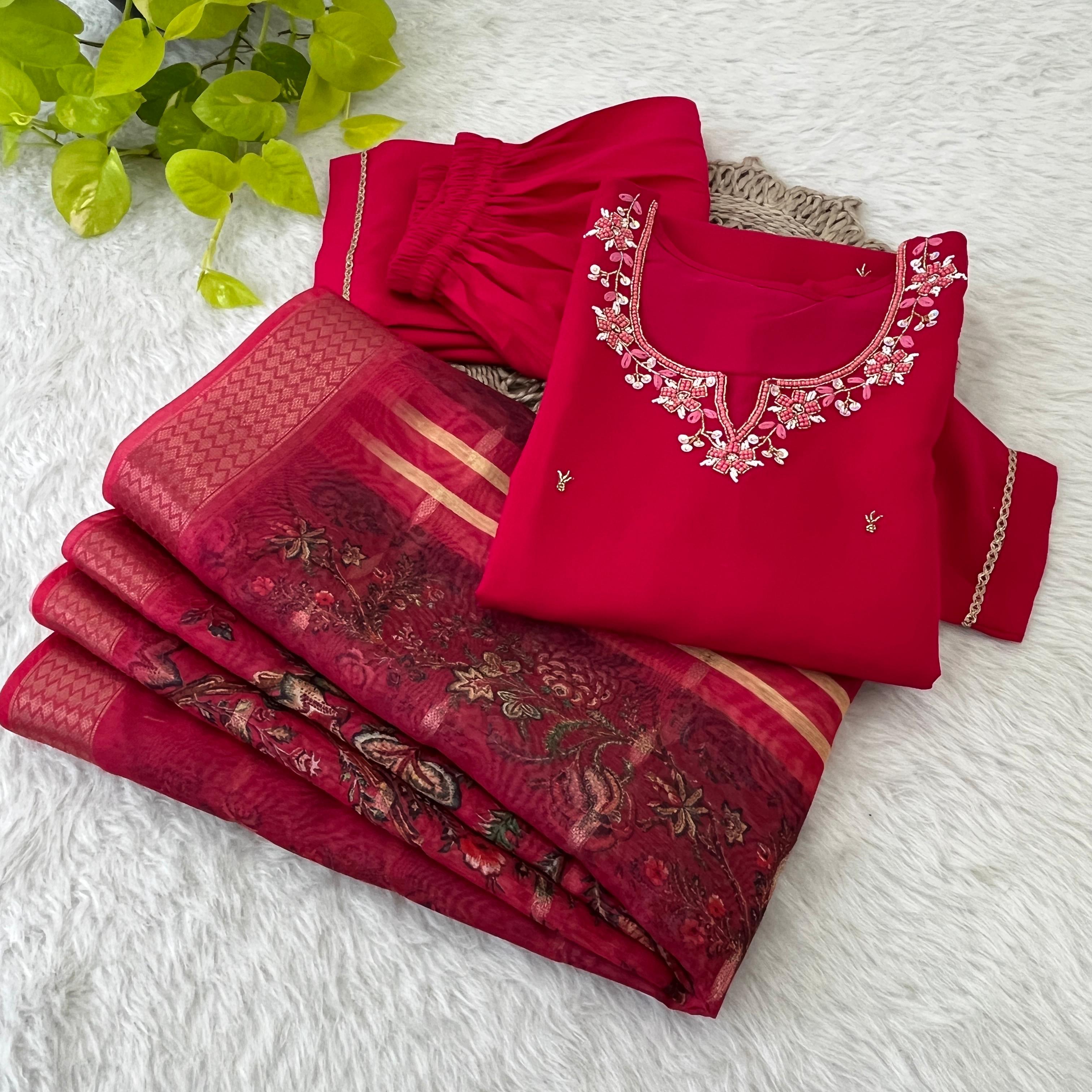 Appealing Red  Roman Silk Handworked Anarkali Pant Suit - Ethnicwish