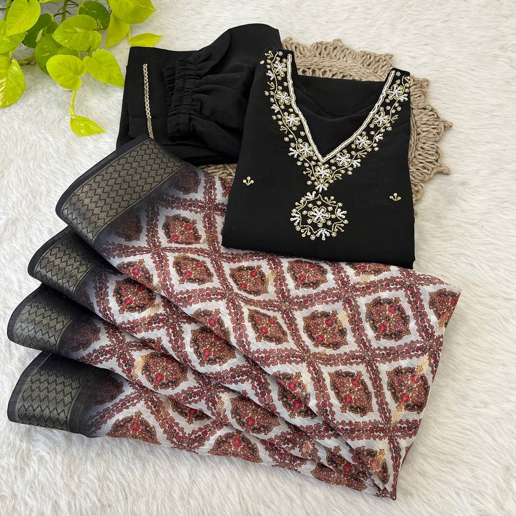 Breathtaking Black Roman Silk Handcrafted Anarkali Pant Suit - Ethnicwish