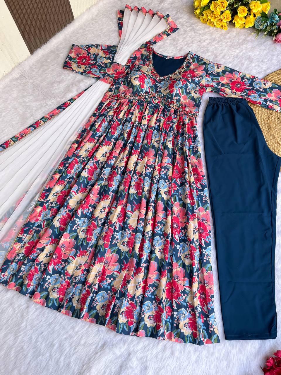 Breathtaking Blue Soft Cotton Printed Handworked Anarkali Pant Suit - Ethnicwish