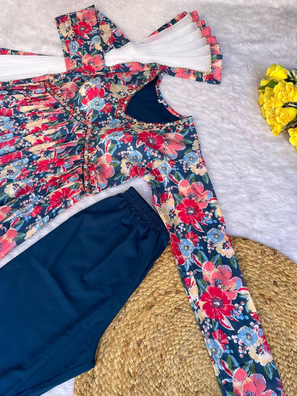 Breathtaking Blue Soft Cotton Printed Handworked Anarkali Pant Suit - Ethnicwish