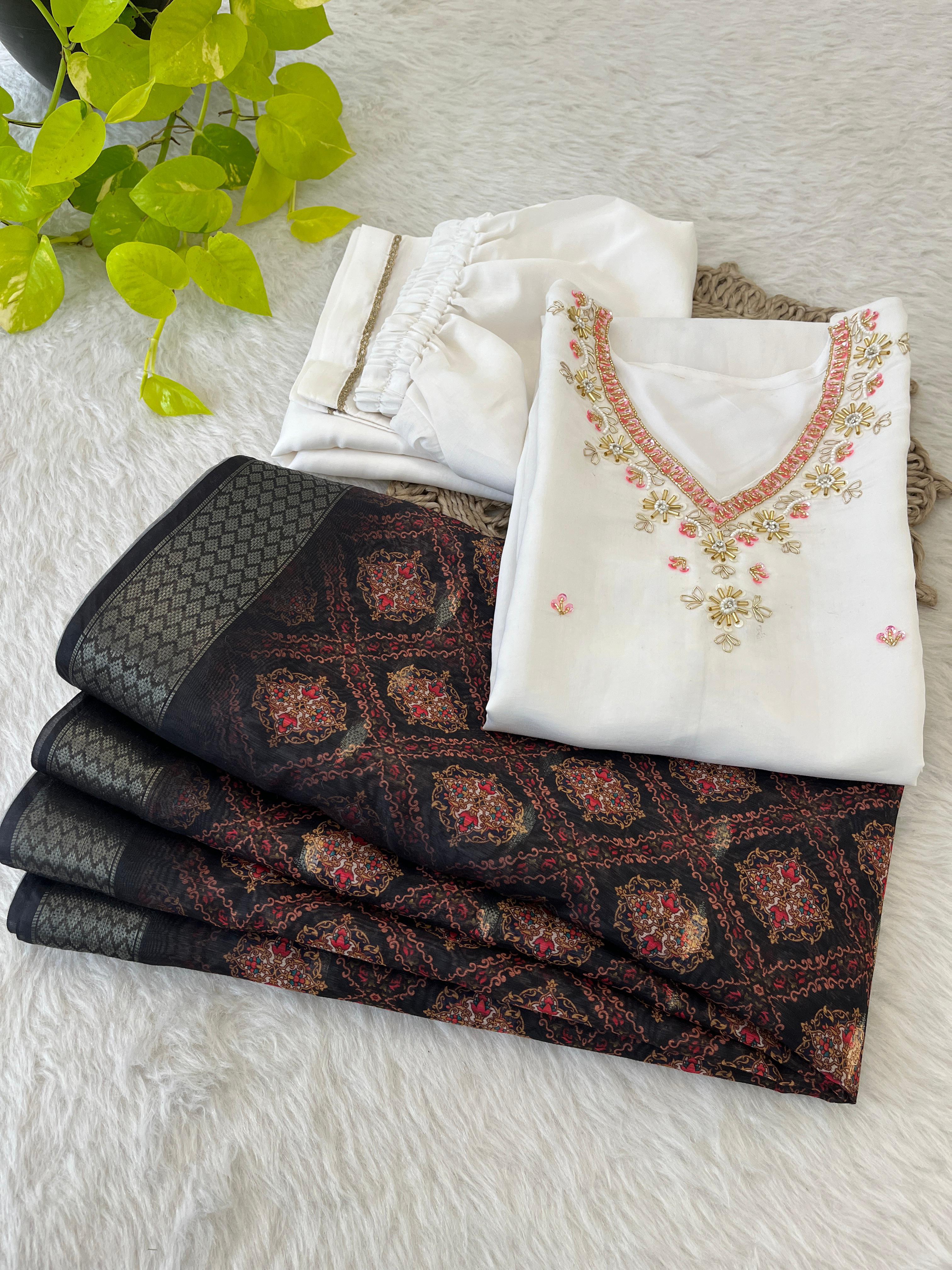 Chic White Roman Silk Handcrafted Anarkali Pant Suit - Ethnicwish
