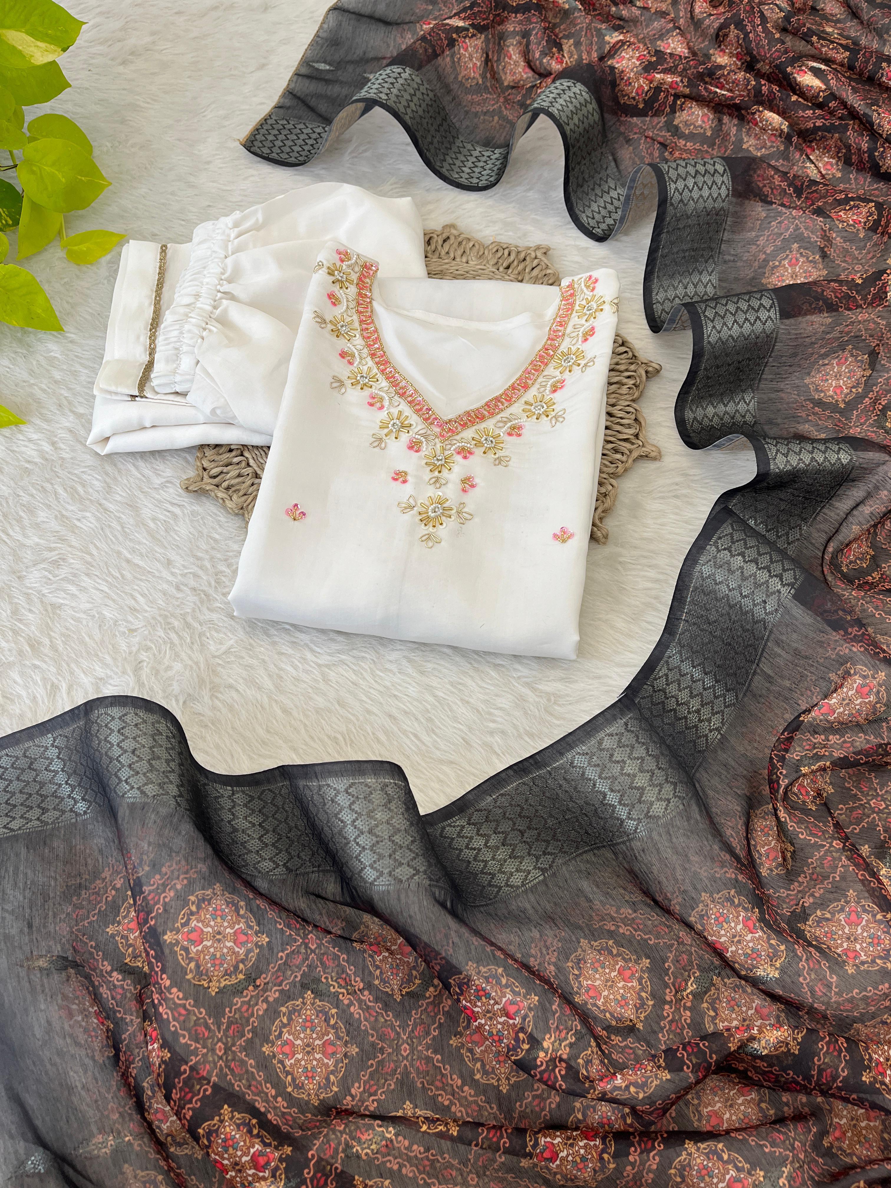 Chic White Roman Silk Handcrafted Anarkali Pant Suit - Ethnicwish