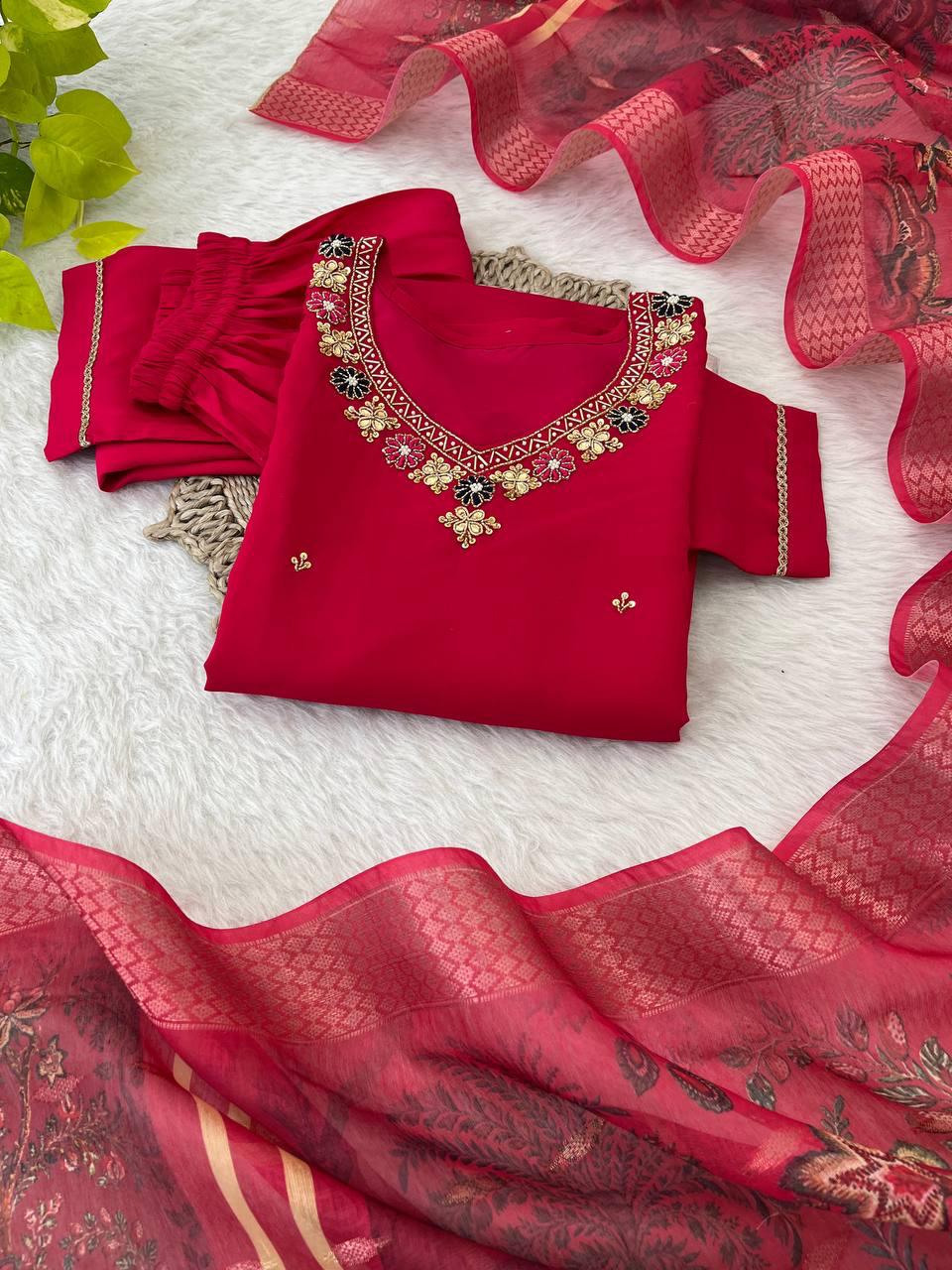 Dashing Red Roman Silk Handcrafted Anarkali Pant Suit - Ethnicwish