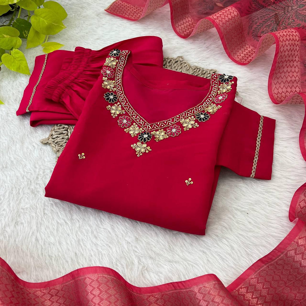 Dashing Red Roman Silk Handcrafted Anarkali Pant Suit - Ethnicwish