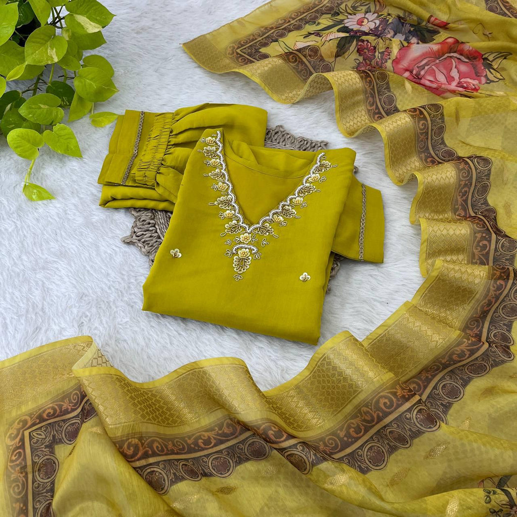 Divine Parrot Green Roman Silk Handcrafted Anarkali Pant Suit - Ethnicwish