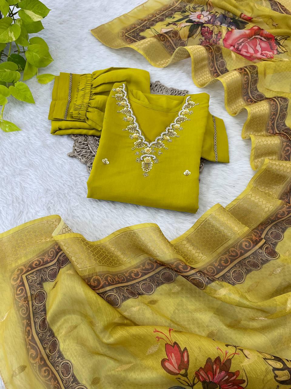Divine Parrot Green Roman Silk Handcrafted Anarkali Pant Suit - Ethnicwish
