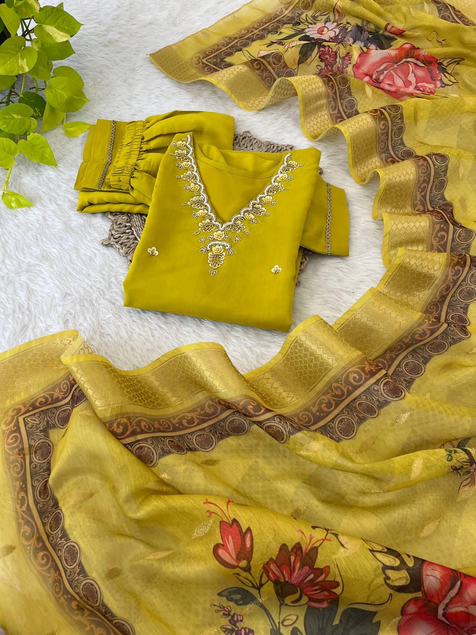 Divine Parrot Green Roman Silk Handcrafted Anarkali Pant Suit - Ethnicwish