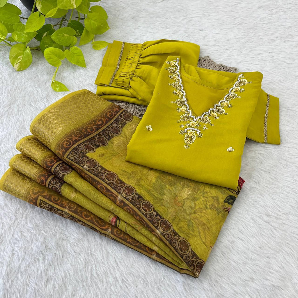 Divine Parrot Green Roman Silk Handcrafted Anarkali Pant Suit - Ethnicwish