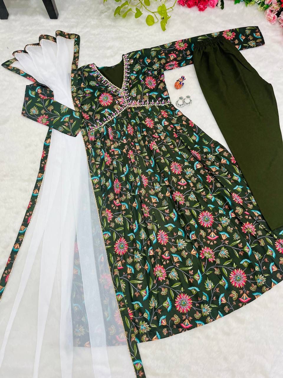 Elegant Green Soft Cotton Printed Handworked Festival Wear Suit - Ethnicwish