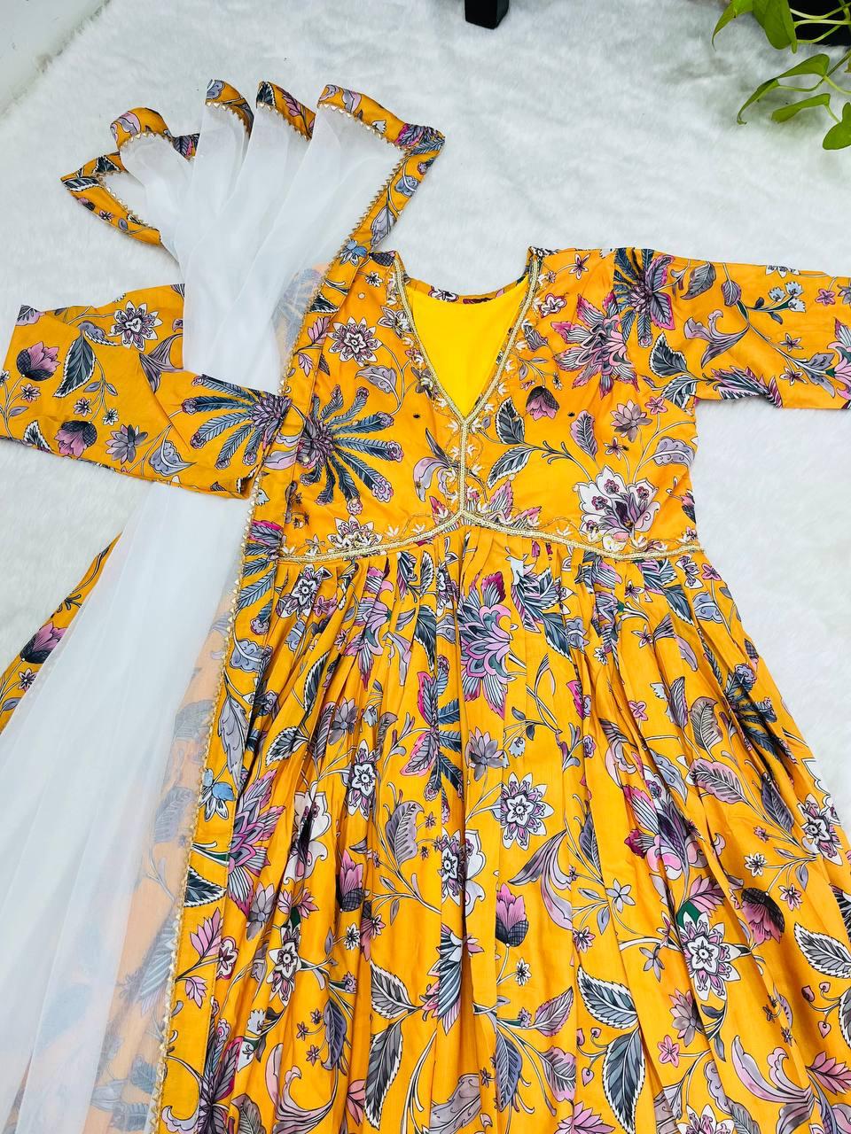 Radiant Yellow Soft Cotton Printed Handworked Anarkali Pant Suit - Ethnicwish