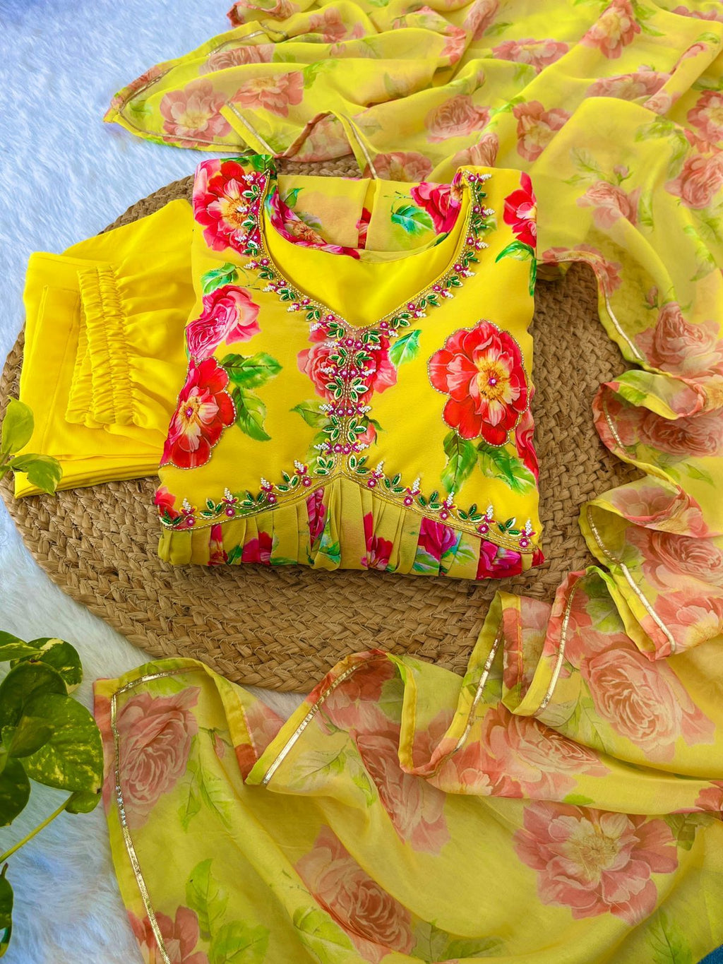 Spellbinding Yellow Faux Georgette Floral Handworked Anarkali Pant Suit - Ethnicwish